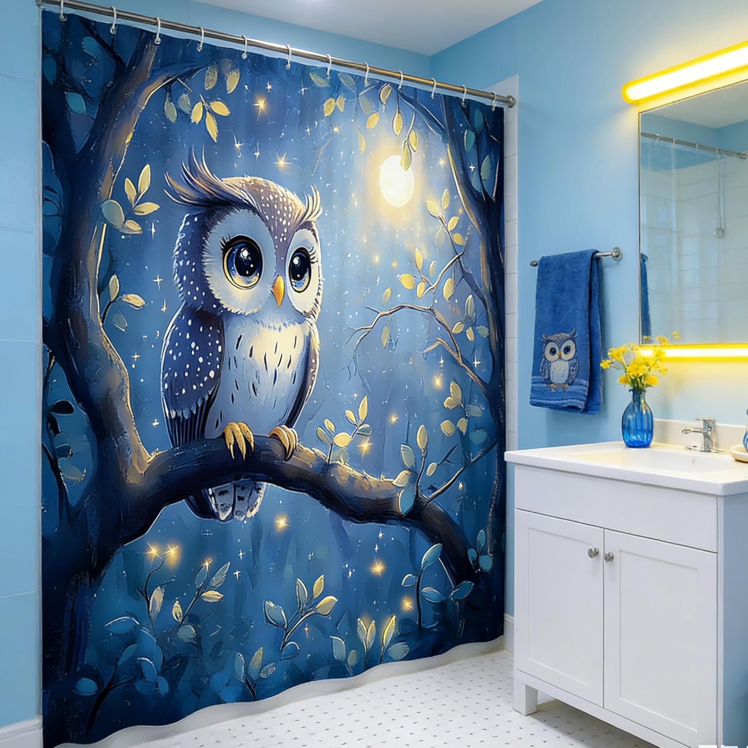 Owl Shower Curtain Full Moon Wild Animal Rustic Floral Forest Blue Fantasy Starry Night Sky Watercolor Wildlife Bird Scene Decorative Curtain with Polyester Fabric