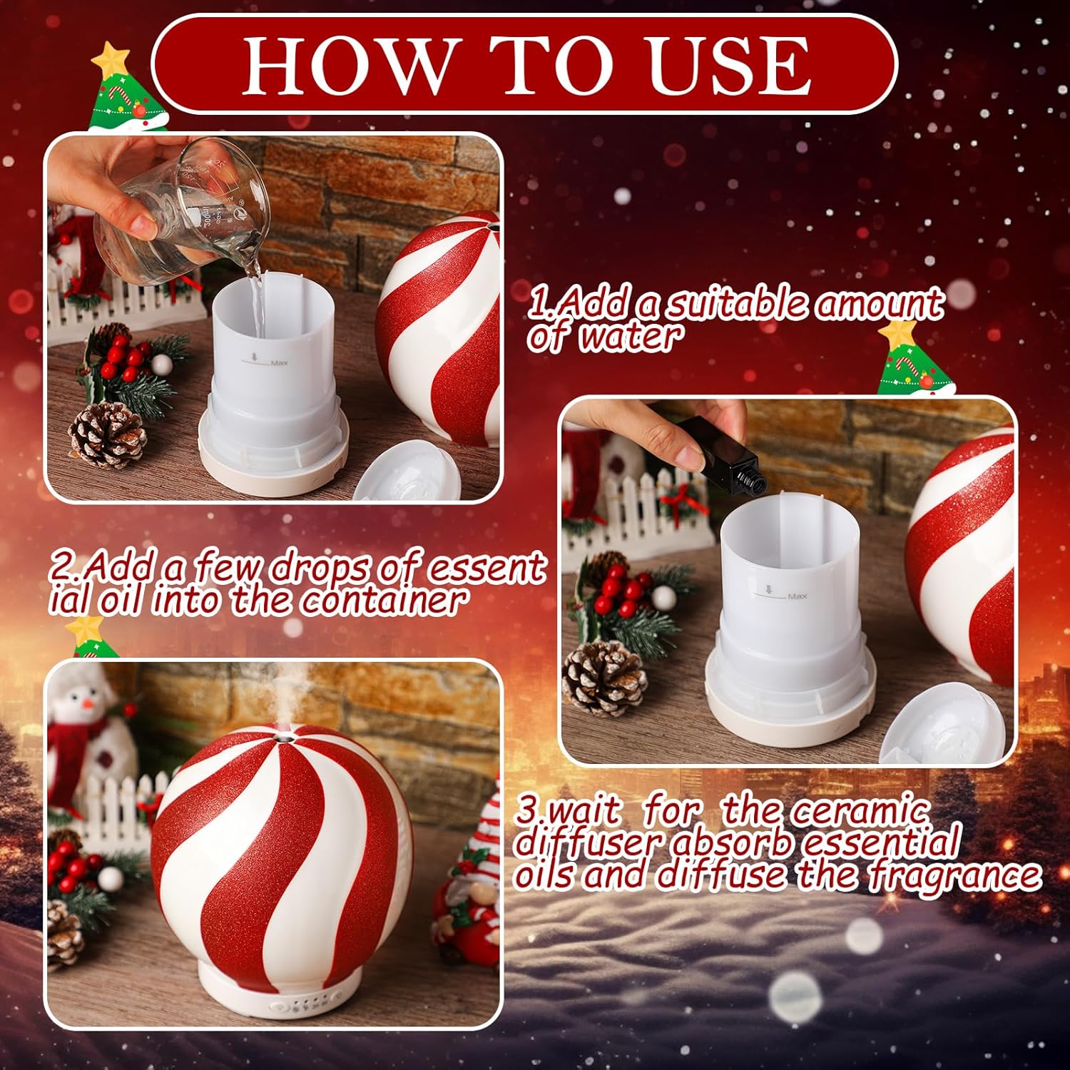Christmas Essential Oil Diffuser Gift, 120ml Cute Ceramic Candy Cane Aromatherapy Humidifier, Holiday Xmas Home Table Decor, Peppermint Decoration for Home Office, Christmas Stocking Stuffer