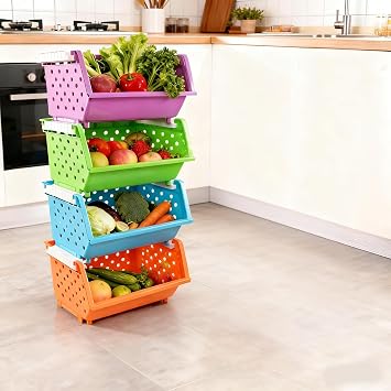 4-Pack Plastic Kitchen Stackable Storage Baskets, Colored Stacking Open Front Storage Bins