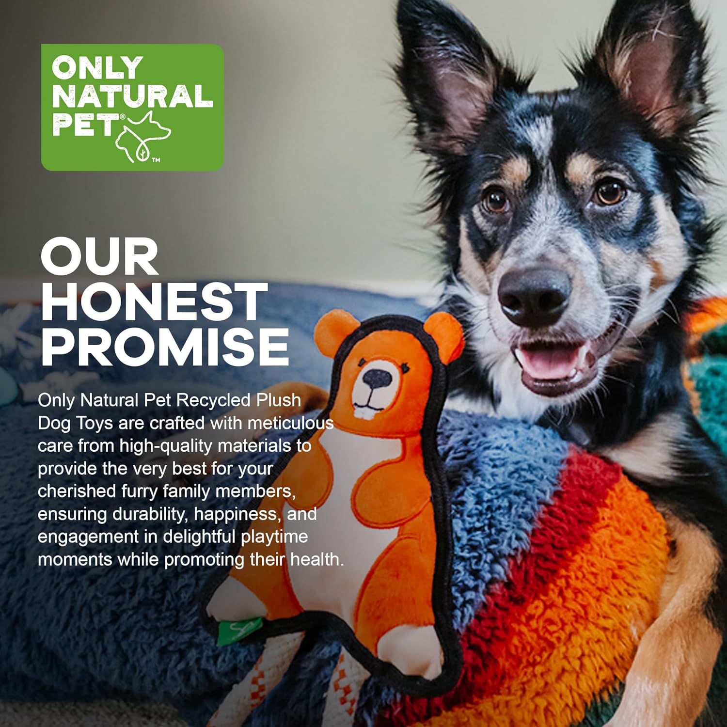 Only Natural Pet Mountain Friends Recycled Plush Dog Toys - Durable Double-Stitched Design with Internal Squeaker & Rope Tug Tail - Stuffed Toy for Dogs, Pet Toy | Beckham The Beaver, 5.5" x 11"