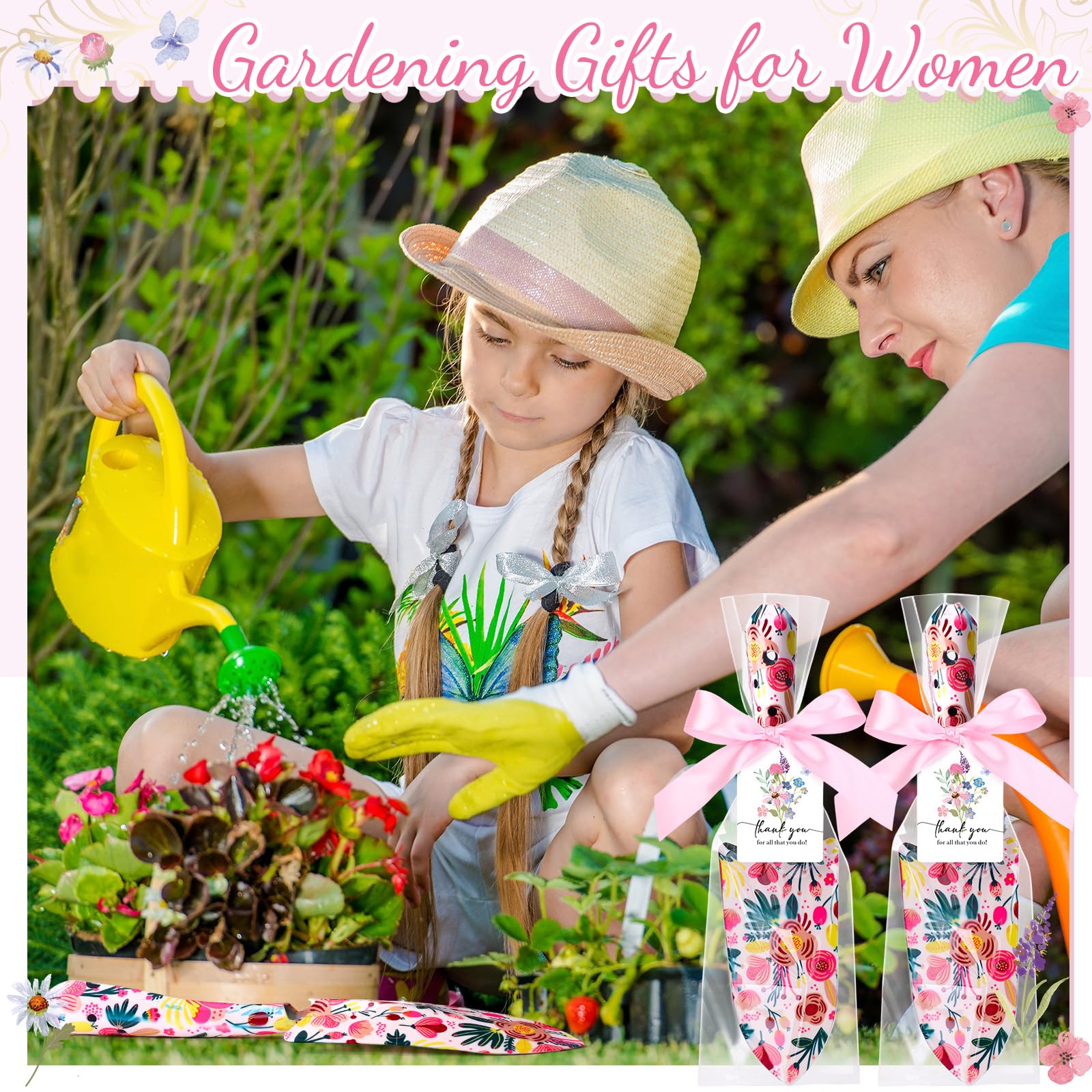 Blosssound Juego de 12 juegos de herramientas de jardinería para mujeres con paleta de jardín floral resistente, tarjetas de felicitación, cintas, bolsas de plástico, herramientas de jardín, regalo a