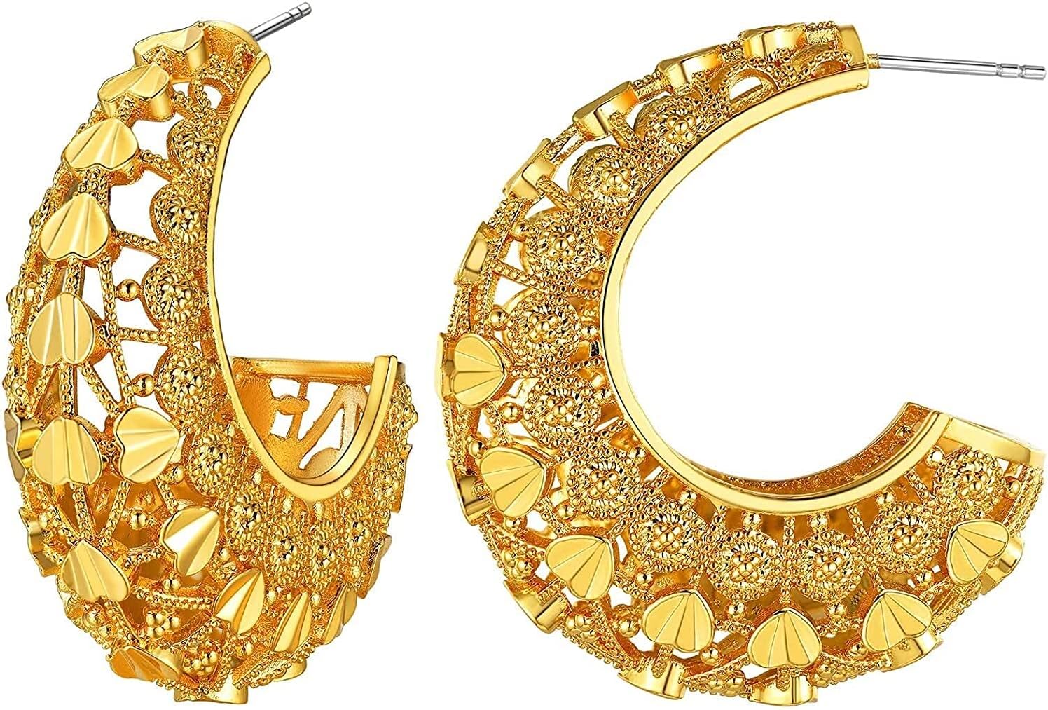 ARGYJAE Gold Hoop Earrings for Women, Filigree Texture Semi Circle Earring Hoops, Hollow Out Heart Statement Jewellery ( Color : Heart - Gold )