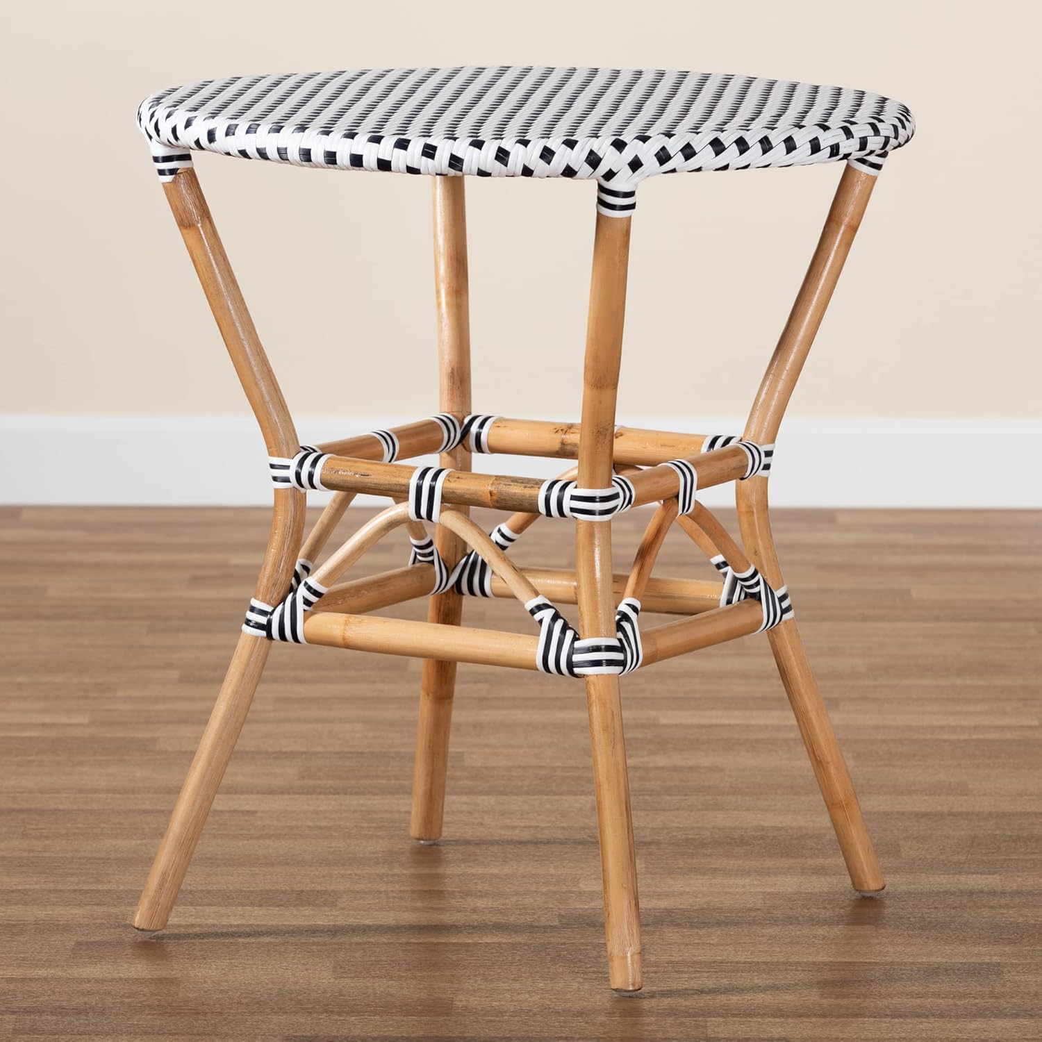 bali & pari Tavor Classic French Black and White Weaving and Natural Rattan Indoor and Outdoor Bistro Table