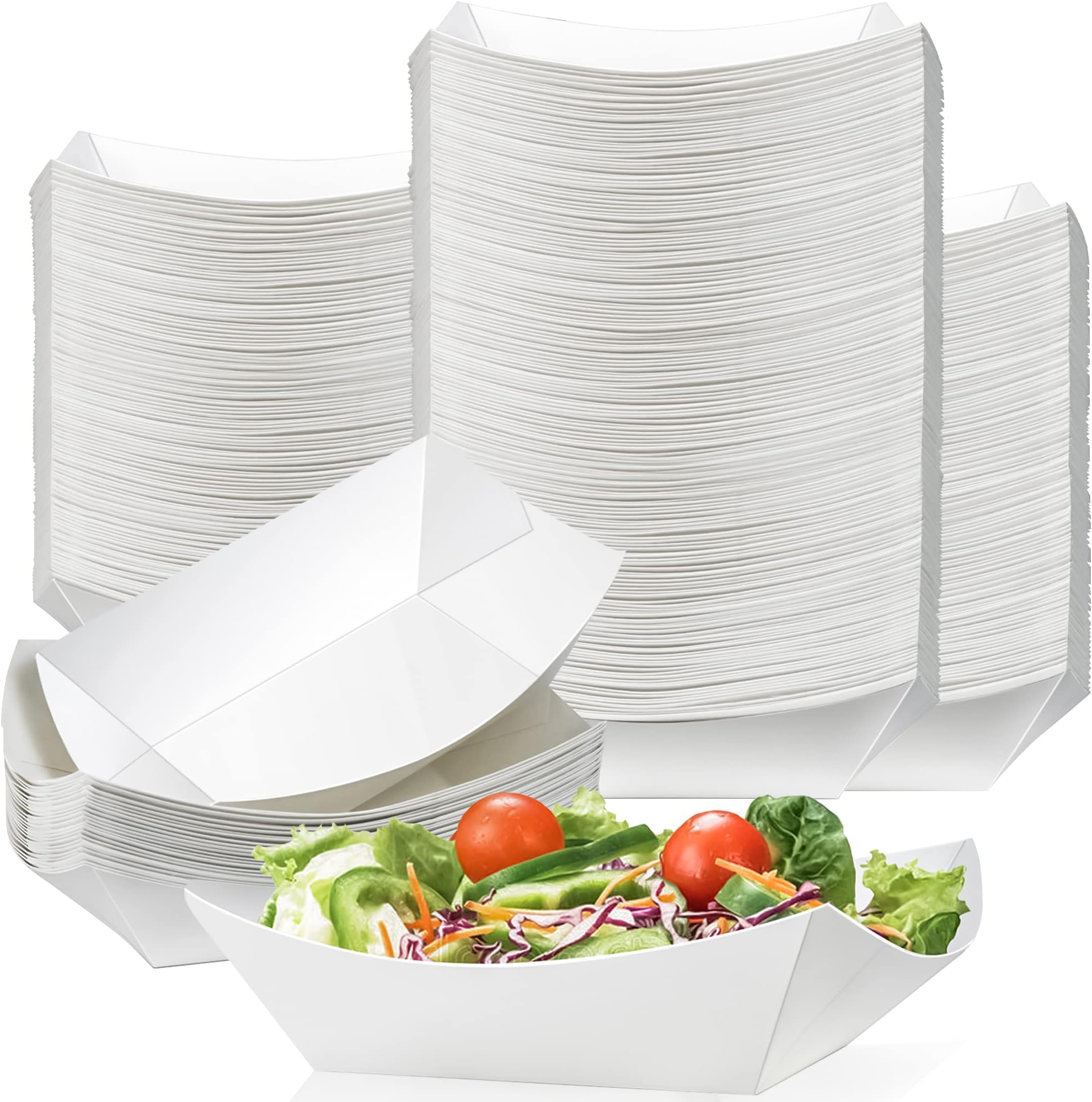 MotBach 150 Pack Paper Food Boats, 1 Lb Disposable Kraft Food Trays, Take Out Paper Boats, Food Serving Trays, Grease Resistant Paper Trays for Party Fries Popcorn Sandwich Snacks Tacos Nachos (White)