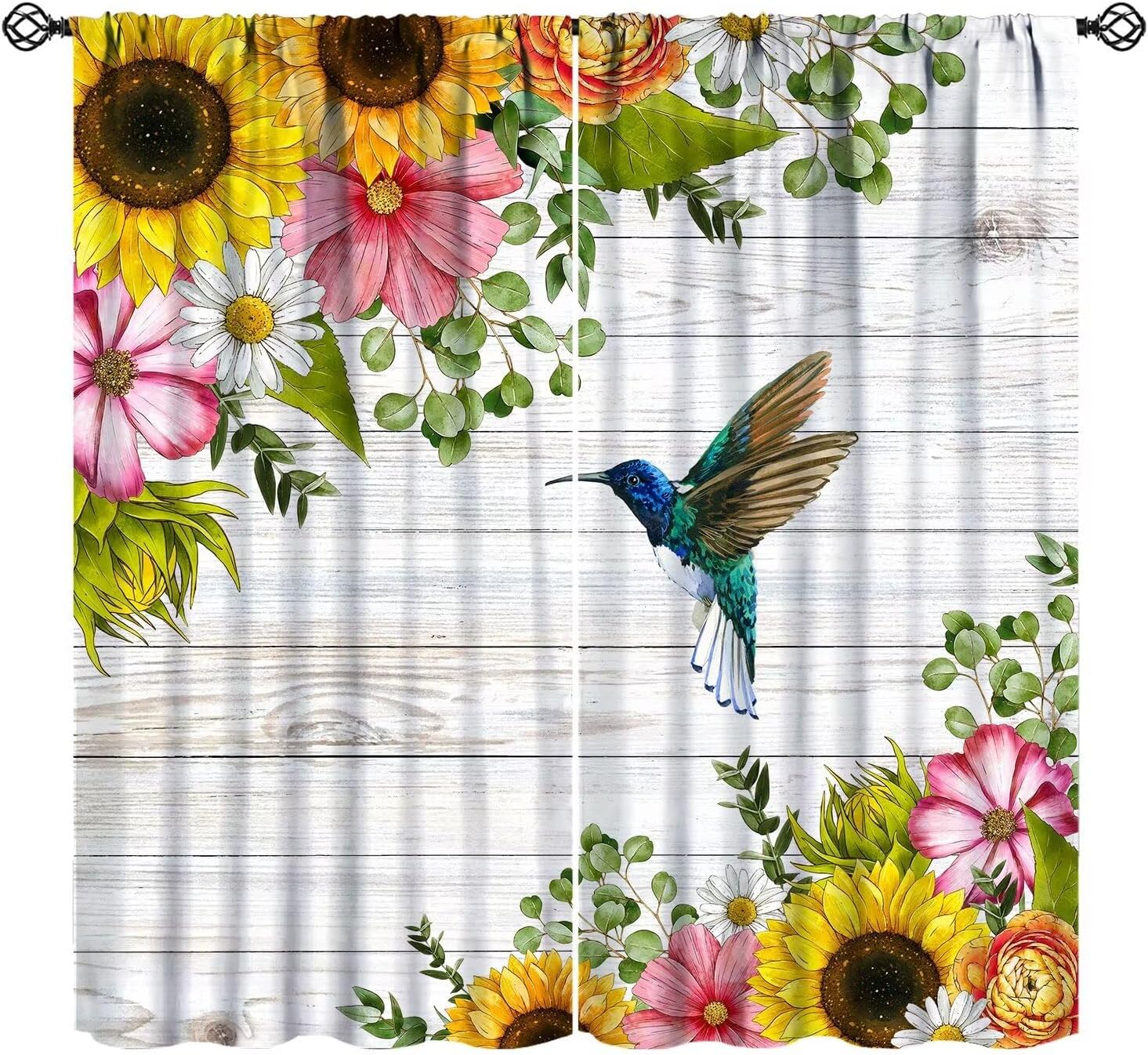 Hummingbird Curtains Vintage Wooden Board Sunflower Art Printed Blackout Window Drapes for Bedroom Kitchen Decor Fabric Set 2 Panel 42x45 Inch 80% Shading Rate