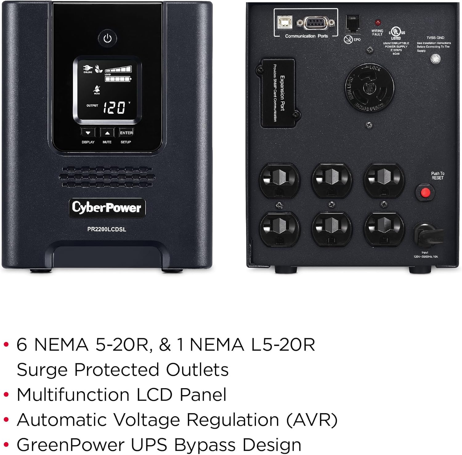 CyberPower PR2200LCDSL Smart App Sinewave UPS System, 2070VA/1980W, 7 Outlets, AVR, Mini-Tower