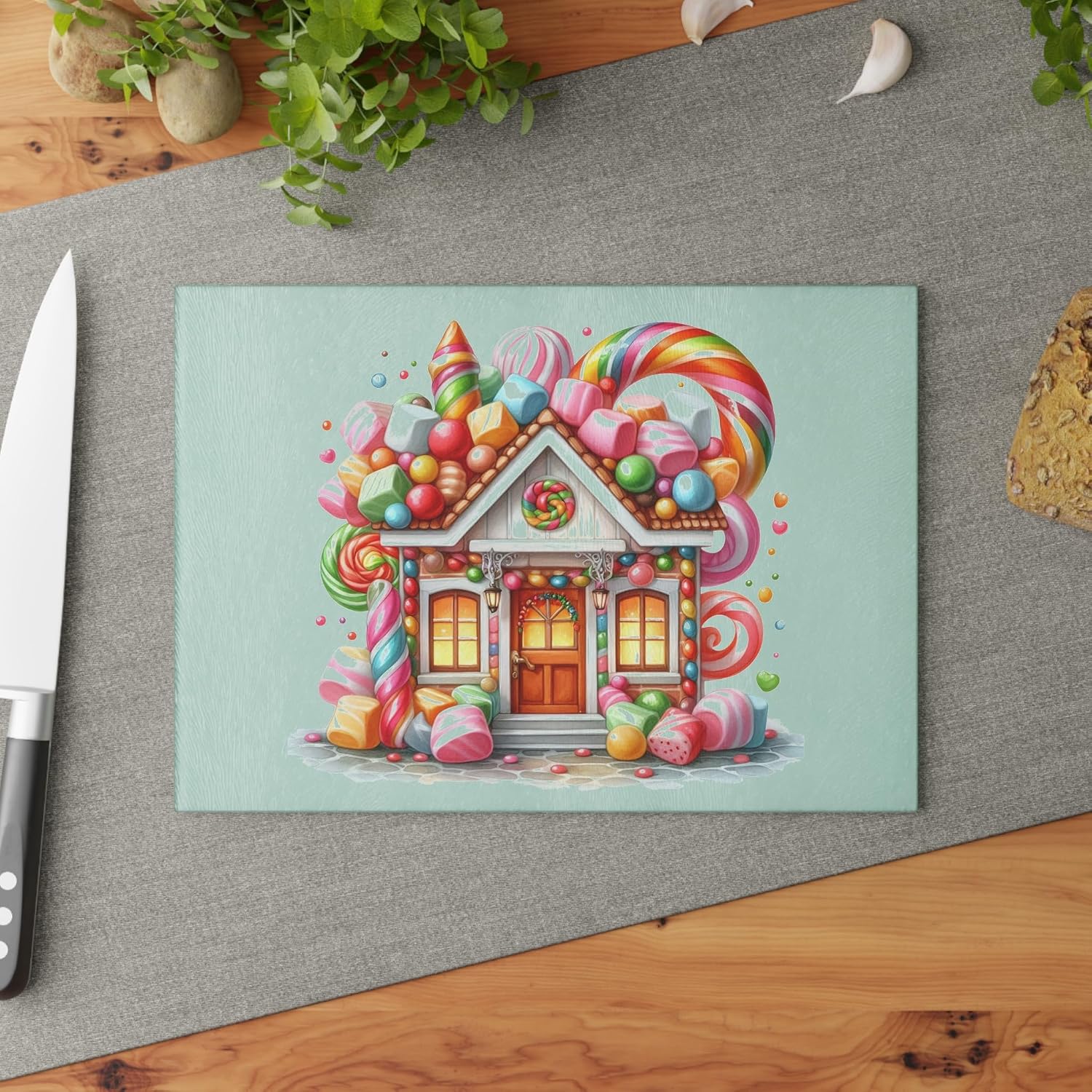 Christmas Candy Gingerbread House Glass Cutting Board, Holiday Kitchen Decor, Festive Cooking Gift, Xmas Baking Decor,