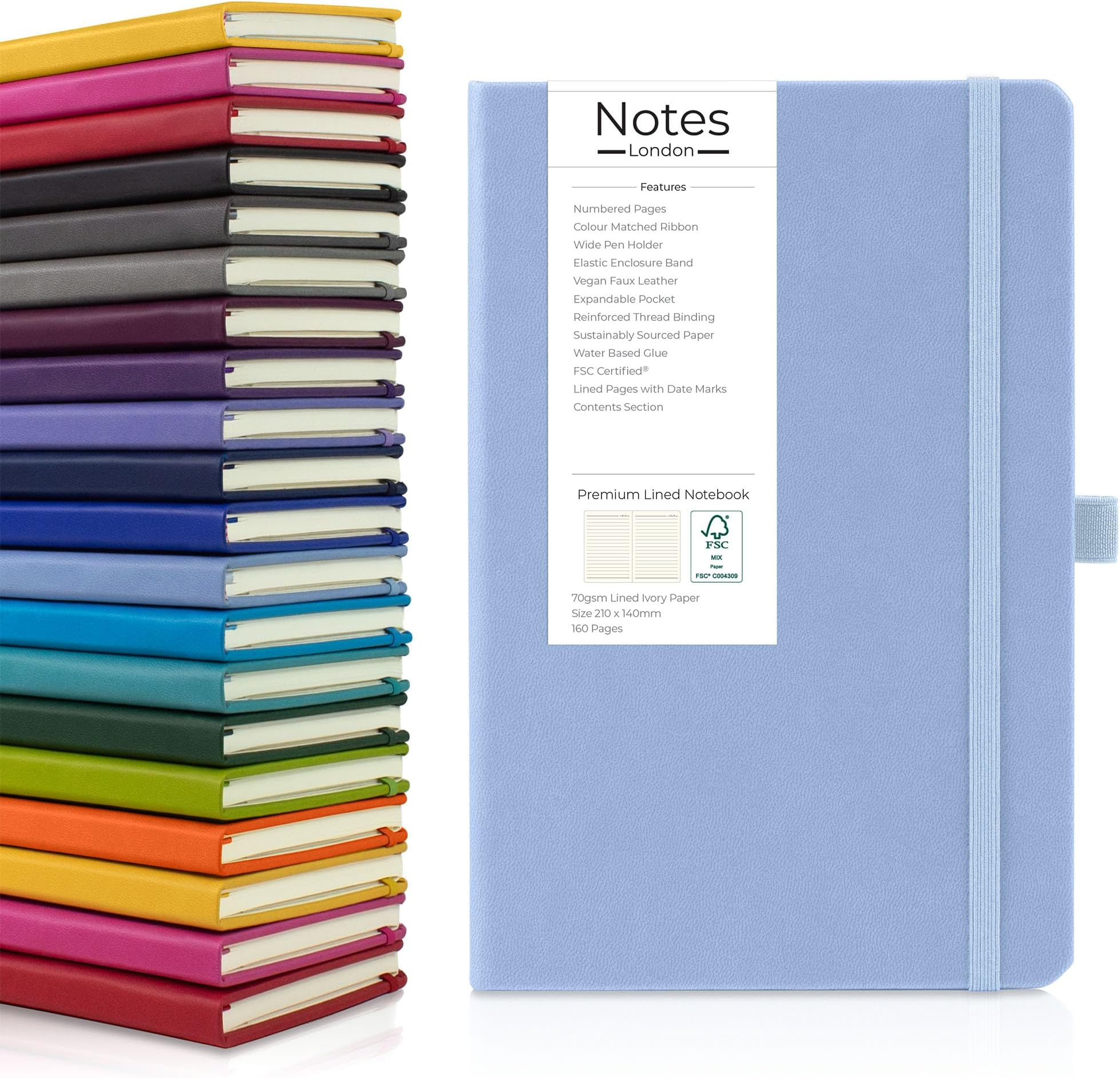 Eco A5 Notebook with Numbered Lined Pages, Contents Pages, Pen Loop, Ribbon, Date Marks & Paper Pocket, Medium Hardback Journal, sustainably sourced paper (Pastel Blue)