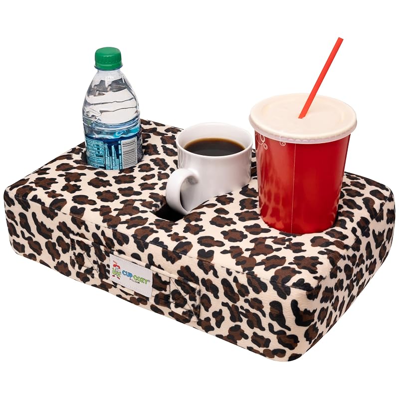 Porta-Copos Almofada Cup Cozy Pillow com 3 Furos para Sofá, Cama e Carro, Estampa Cheetah Leopard