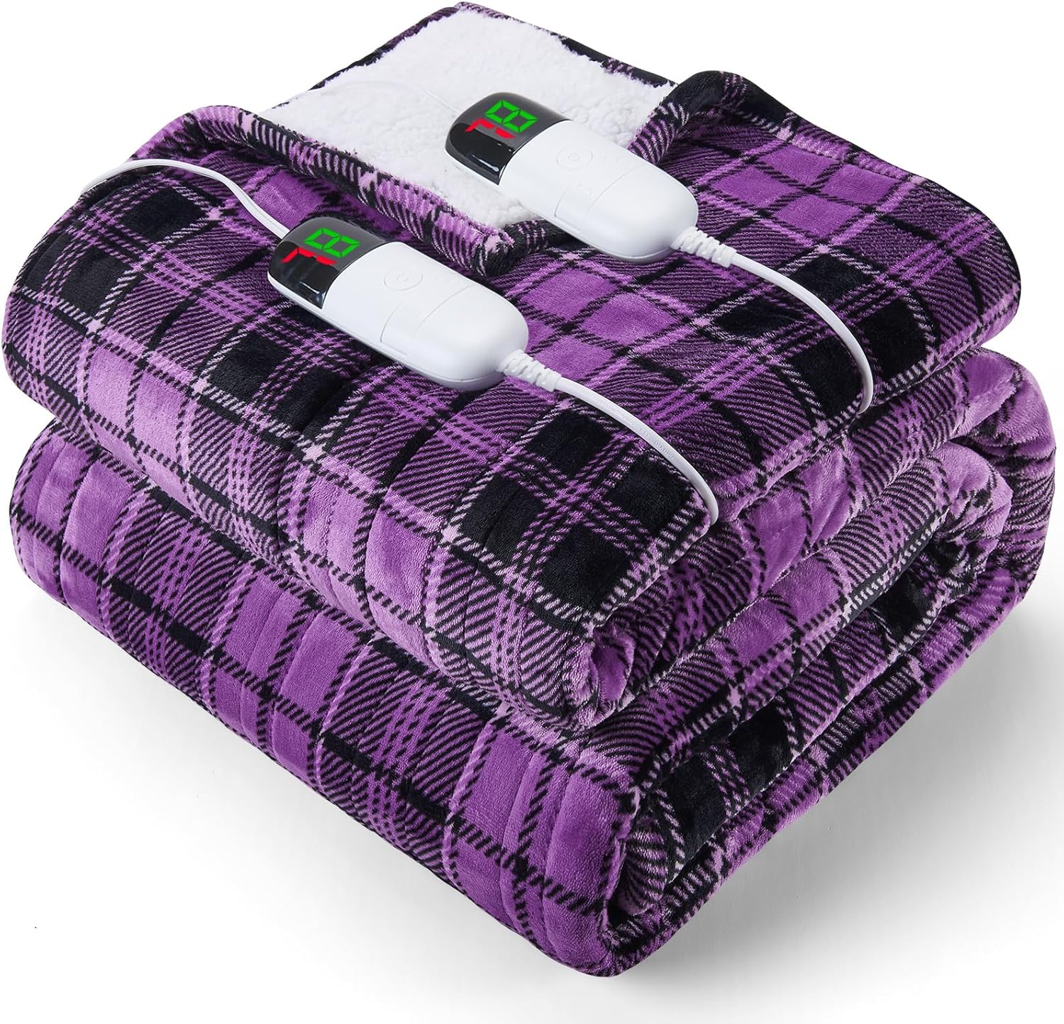 Heated Electric Blanket Queen Size, 84X90 Heating Blanket Queen with Dual Control&10 Heats Levels&Timer for Bed,Purple Plaid Sherpa Soft Blankets Warmer Gift for Grandma Women Adults, Washable