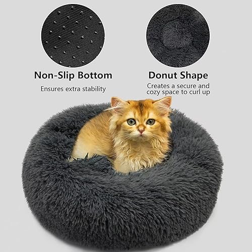 Miniatura 7 de Cama para perro, redonda y esponjosa para mascotas, antideslizante, calmante y suave felpa en forma de dona, para perros pequeños, gatitos de