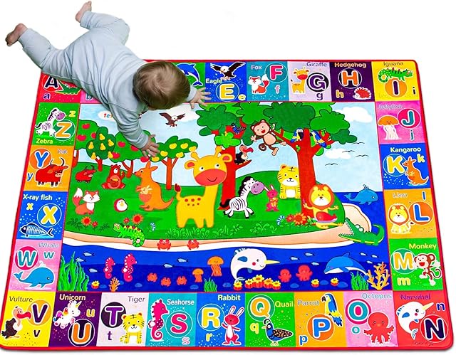 teytoy Baby Floor Mat, Large Play Mats for Floor Cotton Playmat Baby Mats for Toddlers Crawling Super Soft Thick (0.6cm), Foldable Non-Slip Children Carpet Kids Rug for Learning Animals ABC