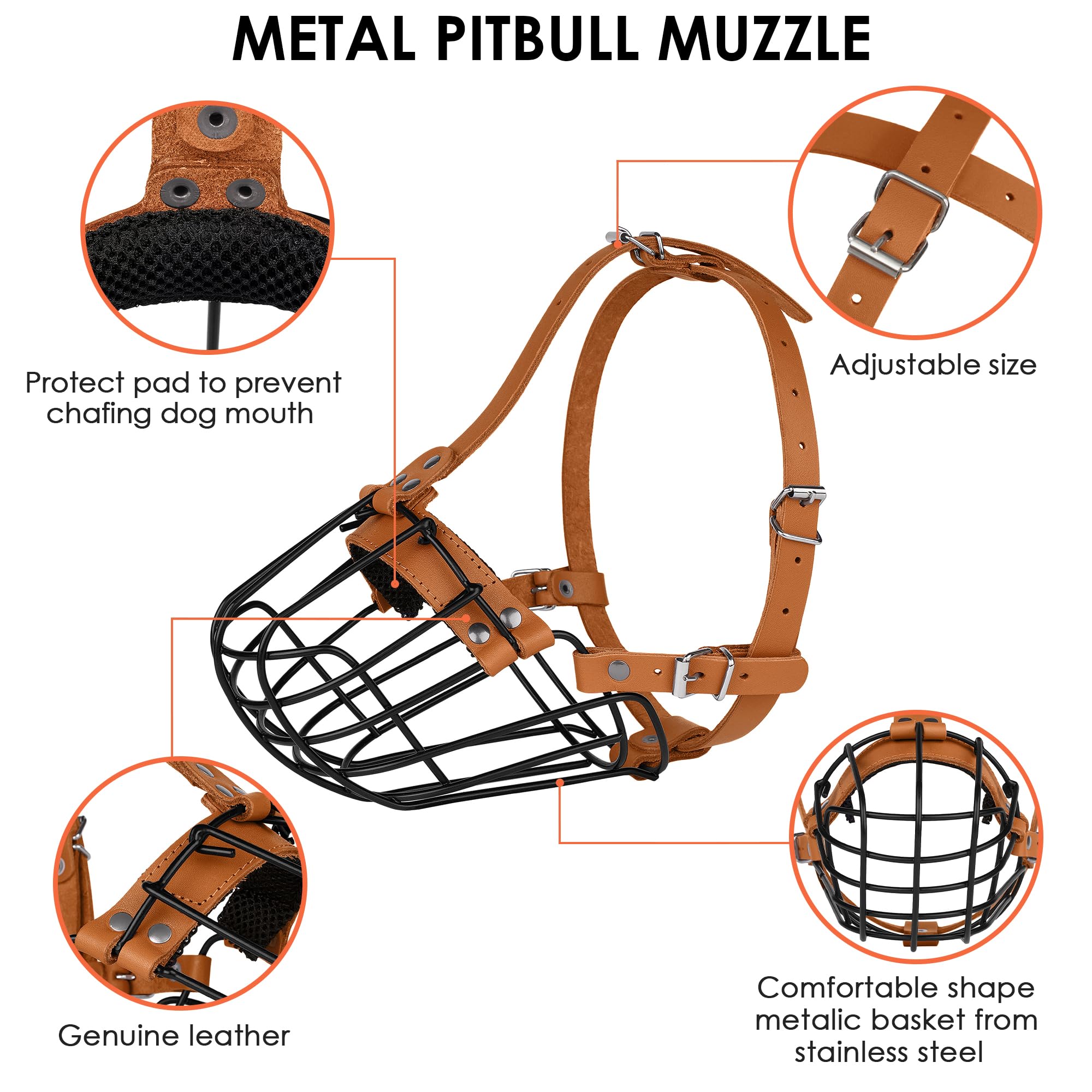 Pitbull - Bozal para perro, cesta de metal transpirable para perros grandes, máscara de alambre segura Amstaff Staffordshire Terrier, correas de cuero duraderas ajustables para morder, masticar