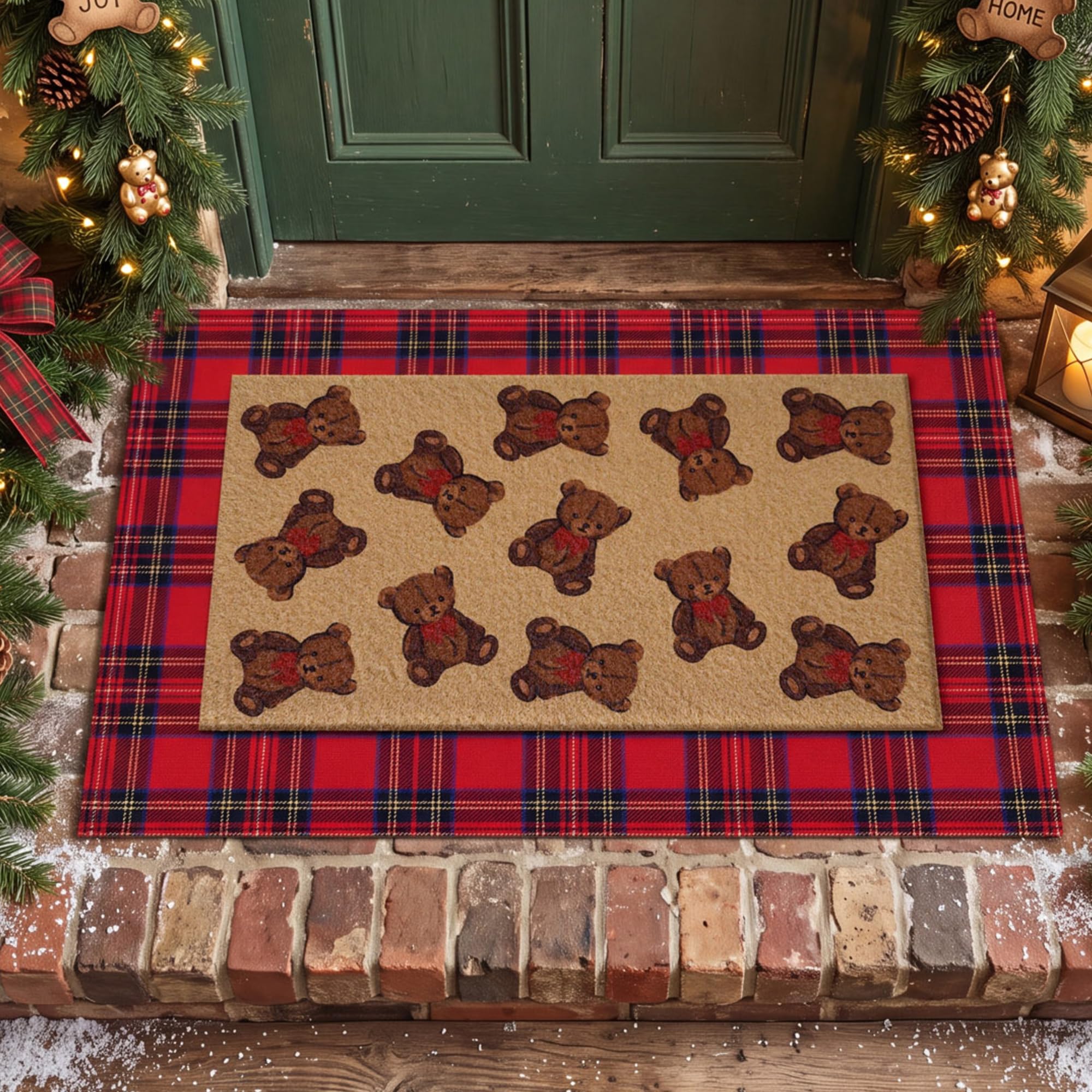 Dunzy 2 Pcs Christmas Door Mat Set, Red Plaid Layering Rug with Teddy Bear