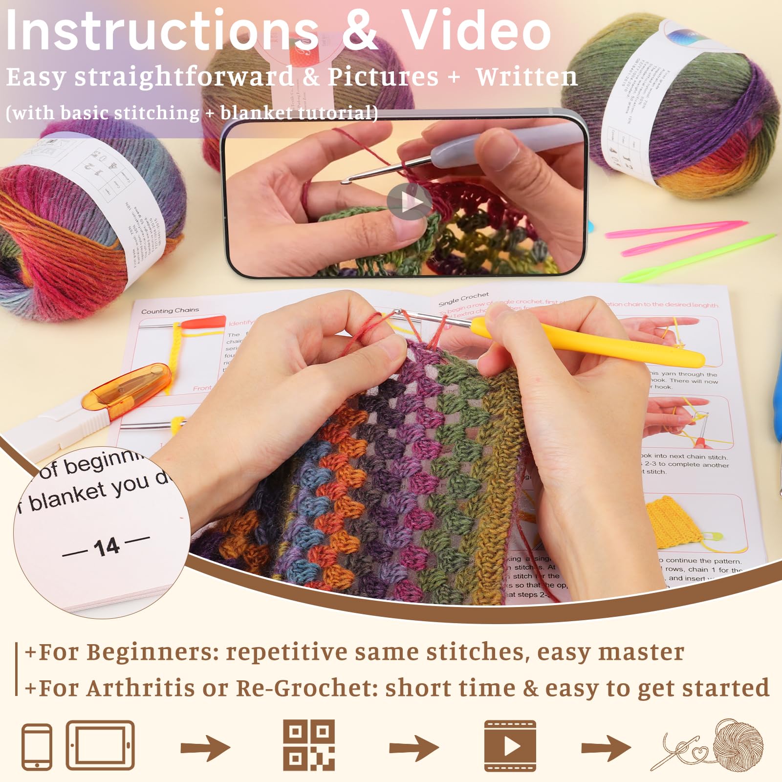 Aeelike Gehaakte dekenset voor beginners, vintage regenboogdeken, complete startershaakset met genoeg en warm ombre wollen garen, videozelfstudies, eenvoudige breisets voor volwassenen