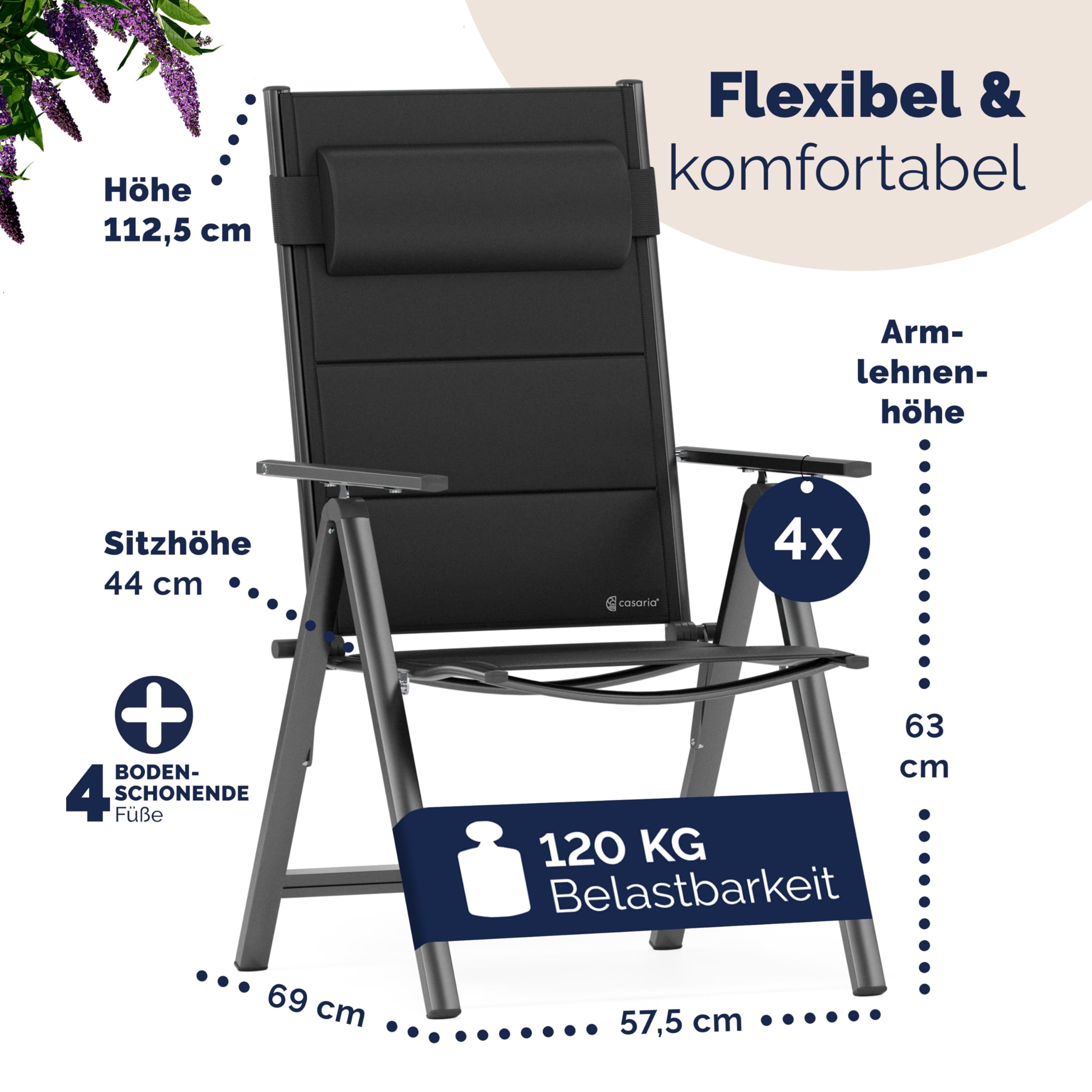 Casaria® Gartenstühle 4er Set Klappbar Gepolstert Alu 8- Fach Verstellbar 120 kg Belastbarkeit Wetterfest Outdoor Balkon Camping Hochlehner Klappstuhl