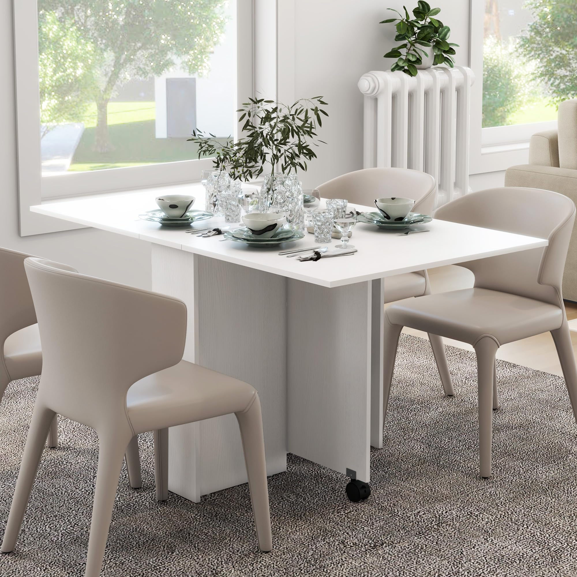 HOMCOM Tavolo da Pranzo Pieghevole, Tavolo Cucina a Ribalta con Ruote a Freno per 4-6 Persone, Scrivania Richiudibile con Ripiani, per Soggiorno, 140x80x74 cm, Bianco