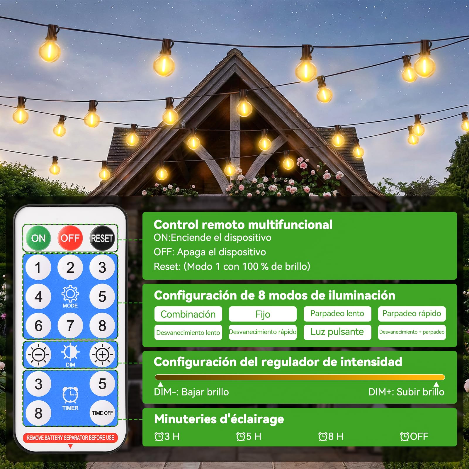 Solares Guirnalda Luces Exterior Jardin - 15M Guirnaldas Luz Exterior Solar with Control Remoto LED Regulable Bombillas Exteriores Jardin G40 for Balcon Terraza Boda Fiesta