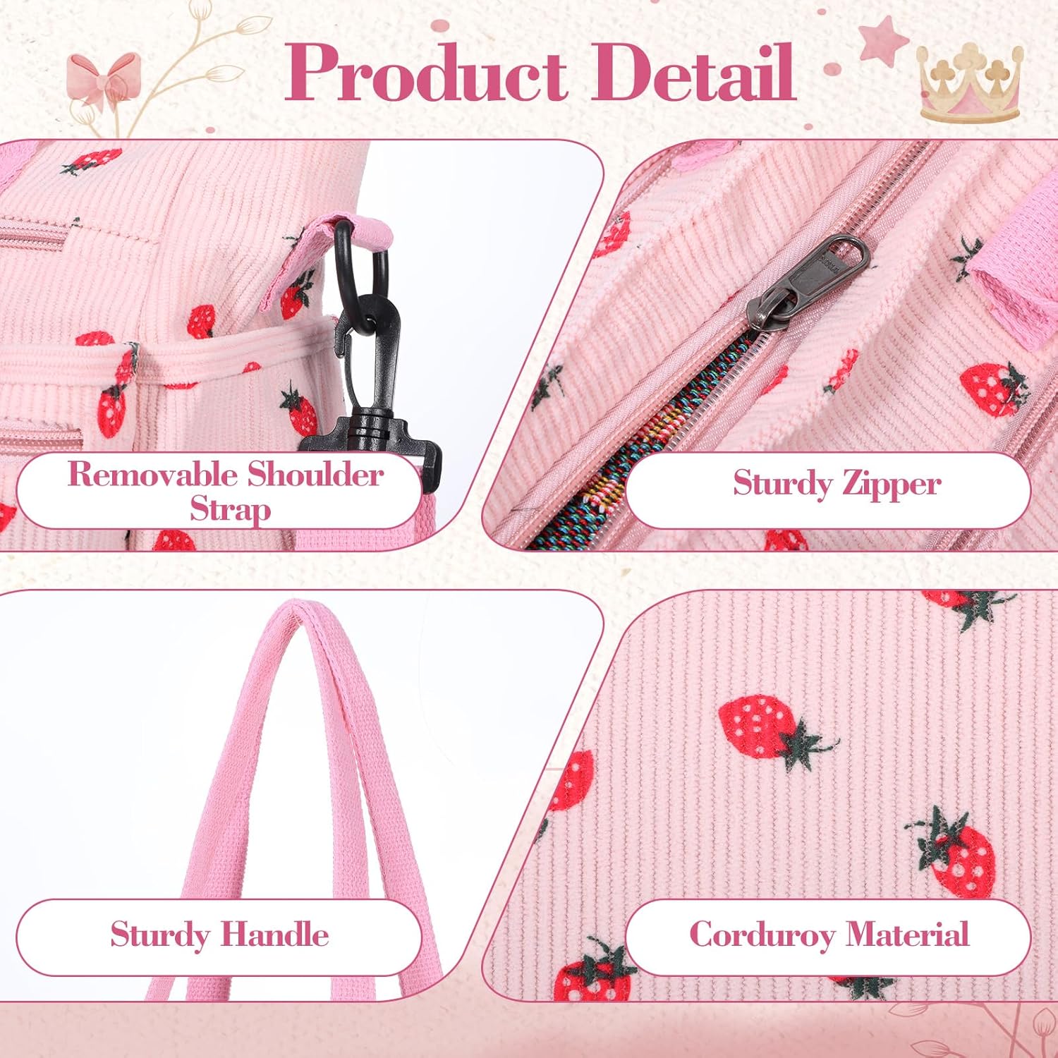 Pink Strawberry Tote Bag for Women Girls, Corduroy Everyday Tote Bag with Multi Pocket Cute Travel Shoulder Purse Handbag Crossbody Work Bags - Image 3