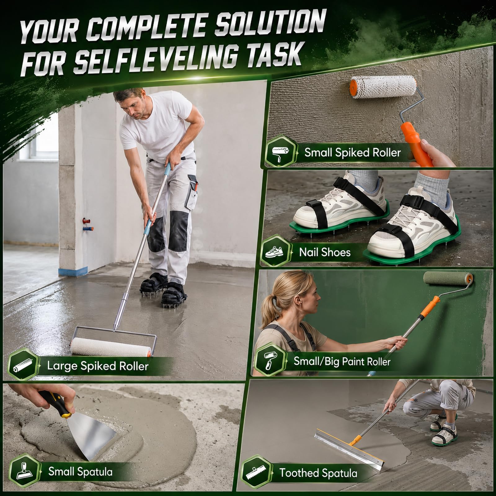 kit de Herramientas de Autonivelación de Cemento, Rodillo de Púas Autonivelante 52cm+24cm, Zapatos con Pinchos Para Cesped 30 mm, Rascador de Acero Inoxidable, Palo Telescopico Limpieza 157cm