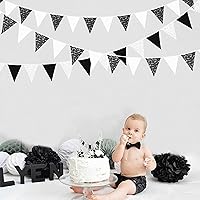 Vista 7 de Banderín blanco y negro de 32 pies de tela de encaje triangular, guirnalda de banderines de algodón para boda, cumpleaños, aniversario, fiesta