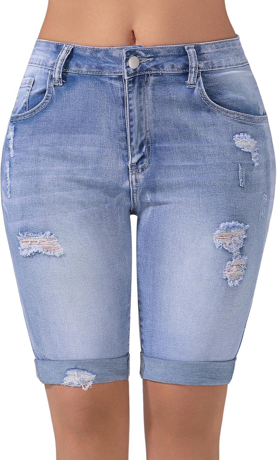 Queenwin Womens Bermuda Shorts High Waisted Ripped Stretchy Cuffed Denim Shorts