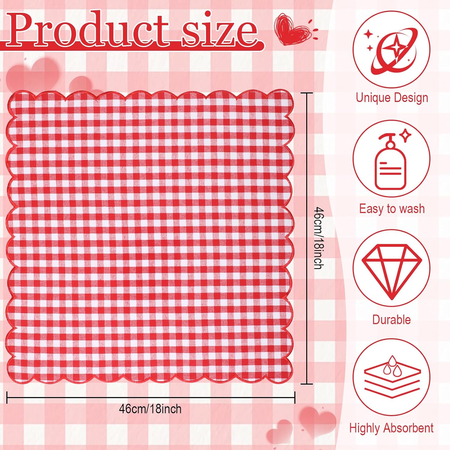 SmoothNovelty 12 Pack Buffalo Plaid Cloth Napkins 18x18 Inch Spring Checkered Cloth Napkins Scalloped Soft Cotton Table Mat Washable Reusable for Dinner Wedding Birthday Parties (Classic,Red)