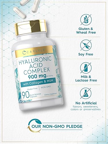 Miniatura 4 de Carlyle Complejo de ácido hialurónico 900 mg | con colágeno y MSM | 90 cápsulas | Suplemento sin OMG, sin gluten