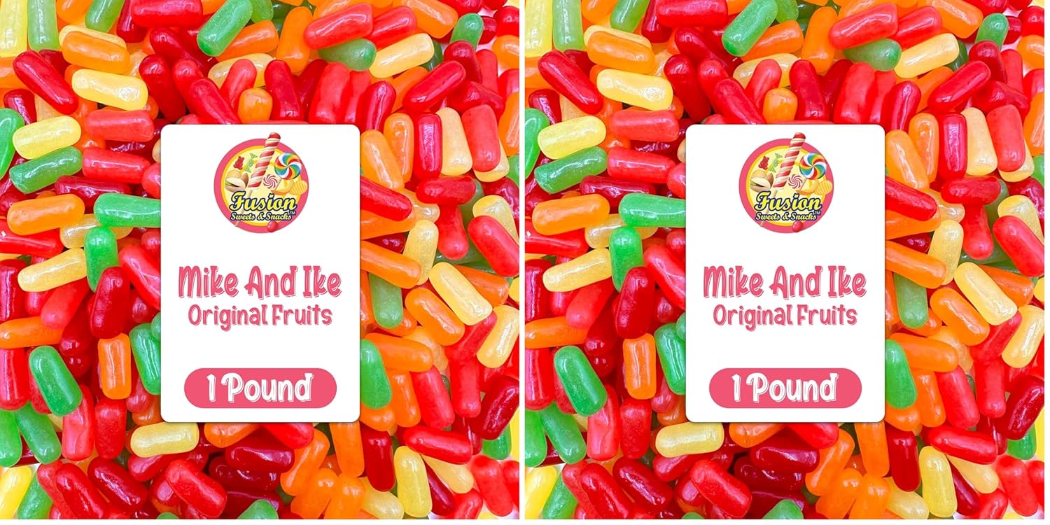Mike and Ike Candy Bulk - 1 Pound Bag (16 Ounces) - Original Fruit Flavored Variety, Vending Machine Candy - Chewy Mike and Ikes Candies - Fat Free Movie Theater Candies (Pack of 2)