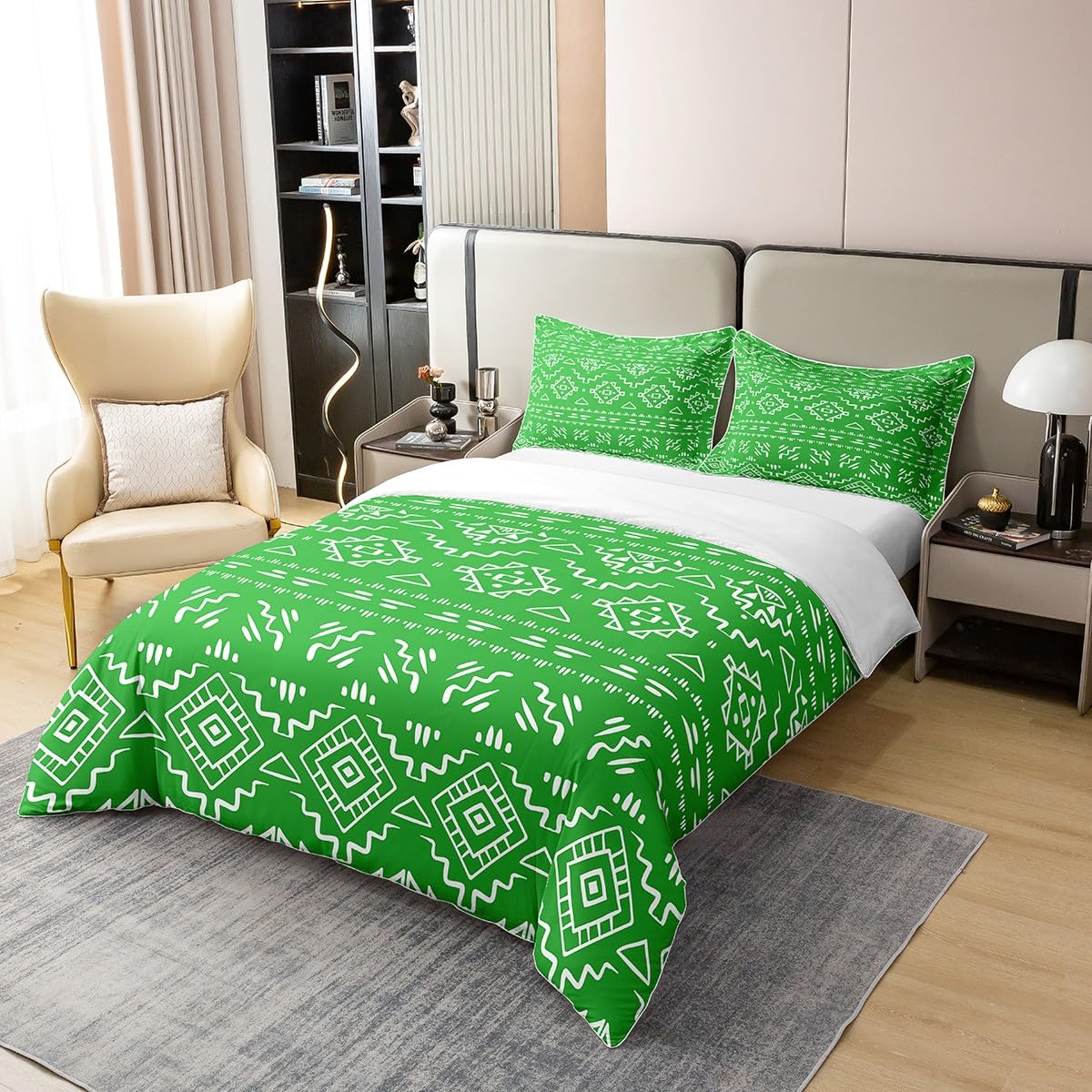 100% Cotton Boho Aztec Duvet Cover Single Southwestern Ethnic Bedding Set Exotic Tribal Bohemian Comforter Cover Western Bedroom Decor,Moden Farmhouse Geometric Bed Set Green White 1 Pillow Case - Image 2