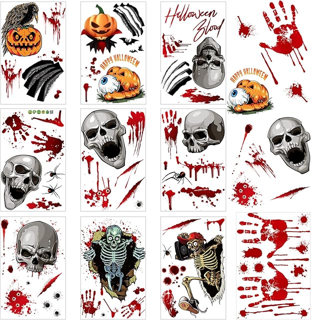 Modloan Halloween Window Stickers, 10 Sheets Halloween Window Decorations, Bloody Hands Bloody Feet Skulls Halloween Window Clings Scary Halloween Decorations for Halloween Party