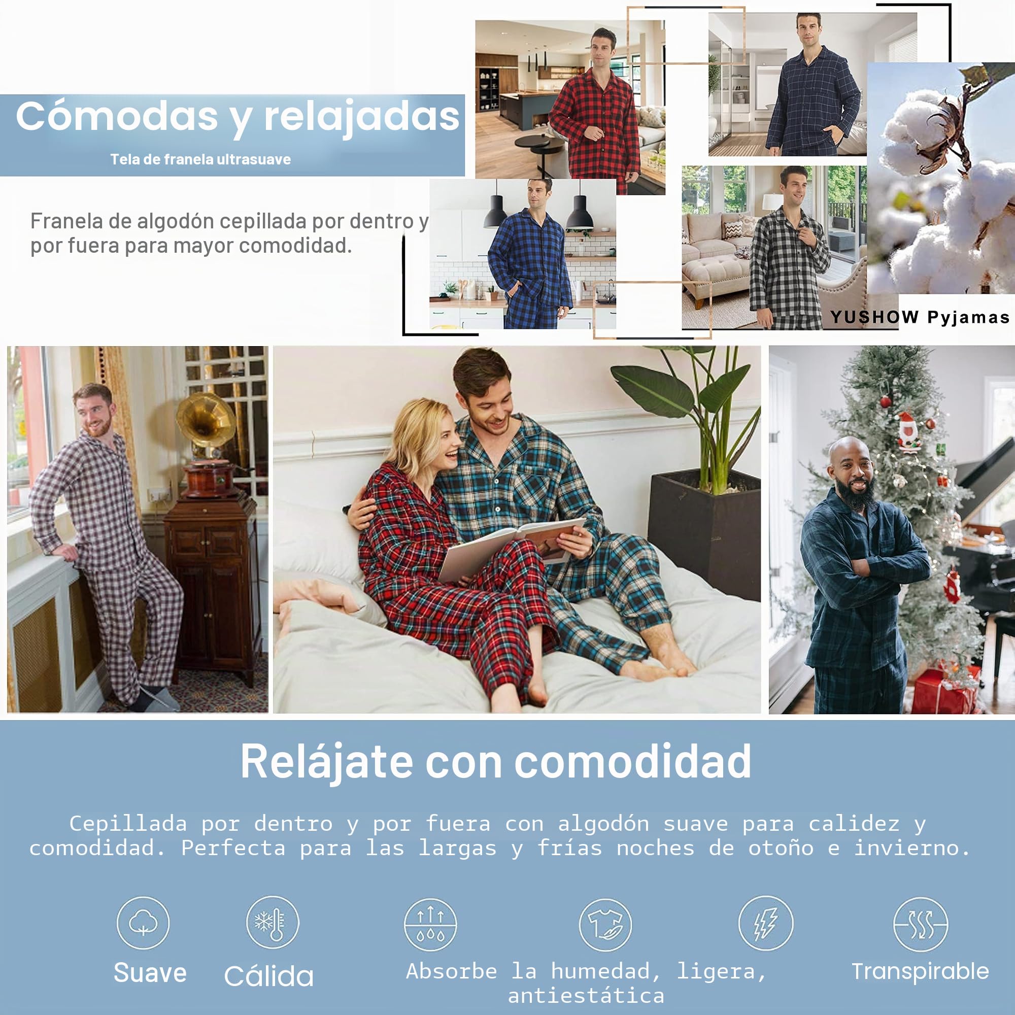 YUSHOW Pijama Hombre Invierno Algodón Franela a Cuadros Manga Larga Pantalón con Bolsillos Conjunto de Pijama Cómodo Ropa de Dormir de Dos Piezas