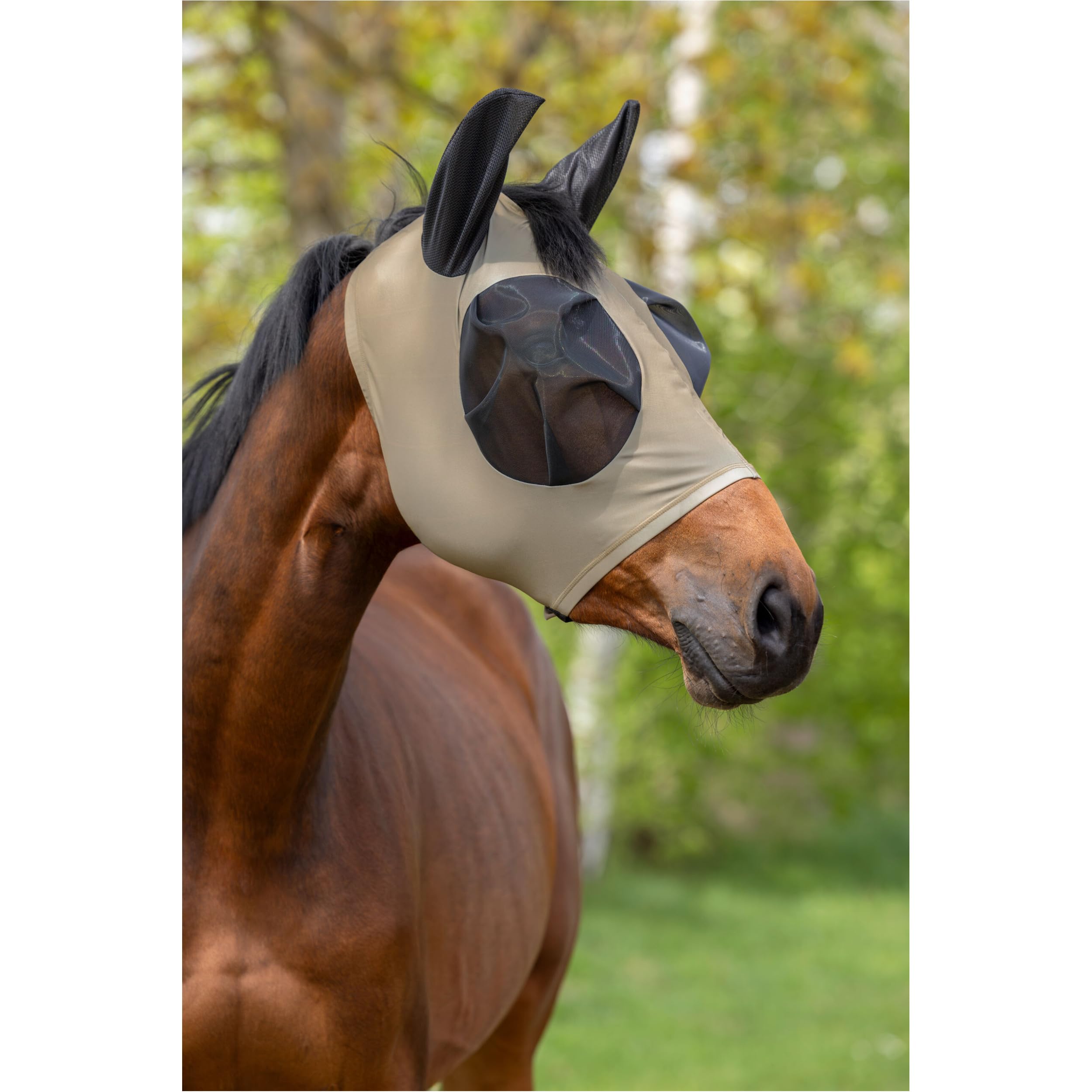 COVALLIERO FinoStrech FS26 - Máscara antimoscas con cremallera para caballo, elástica y ligera, protección para los ojos y la cabeza (nogal, mazorca)