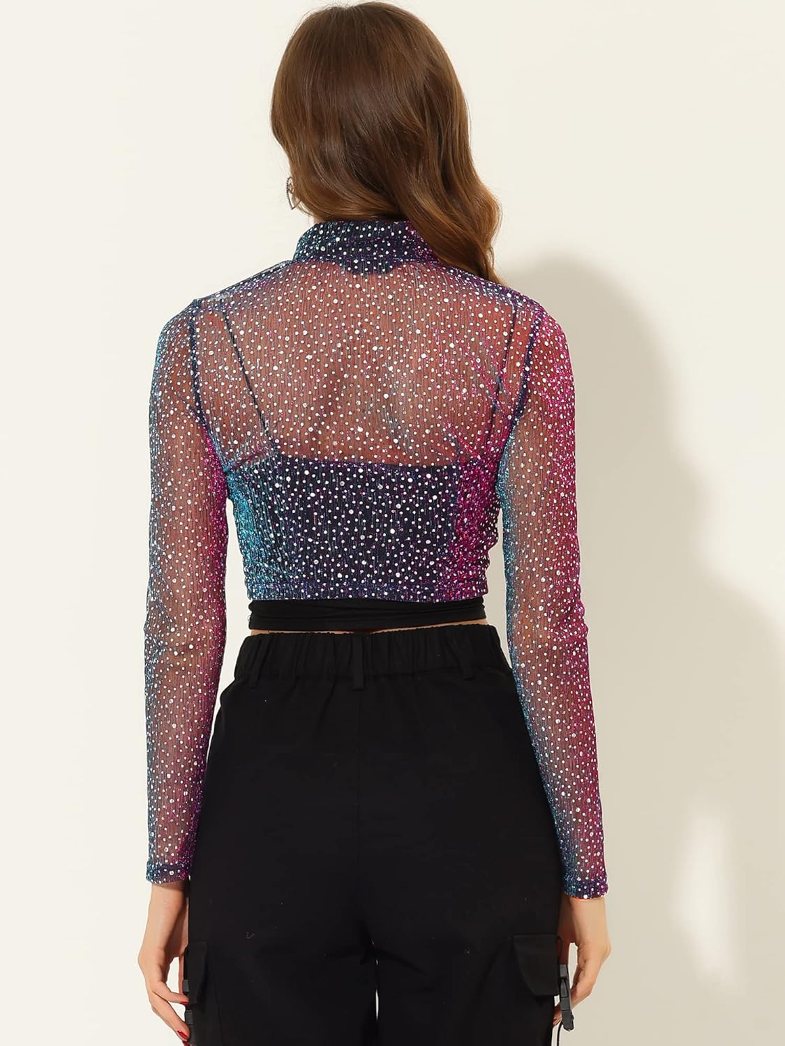 Allegra K Women's Crop Bomber Jacket Sheer Tops Mesh Sparkly Glitter Rave Outfit Halloween Clubwear Night Out Top - Image 4