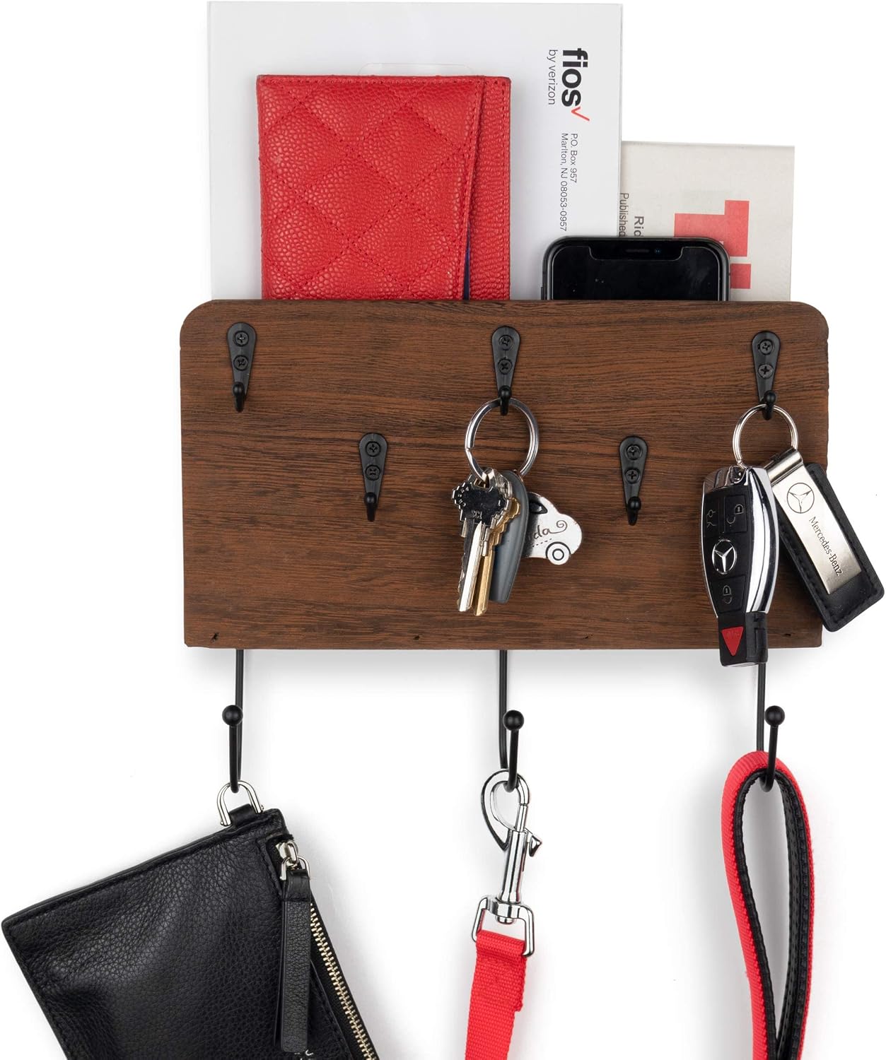 Wallniture Norfolk Mail and Key Holder for Wall Mounted Coat Rack with Hooks for Hanging Disposable Face Masks Wood Entryway Storage Rack for Farmhouse Decor, Walnut