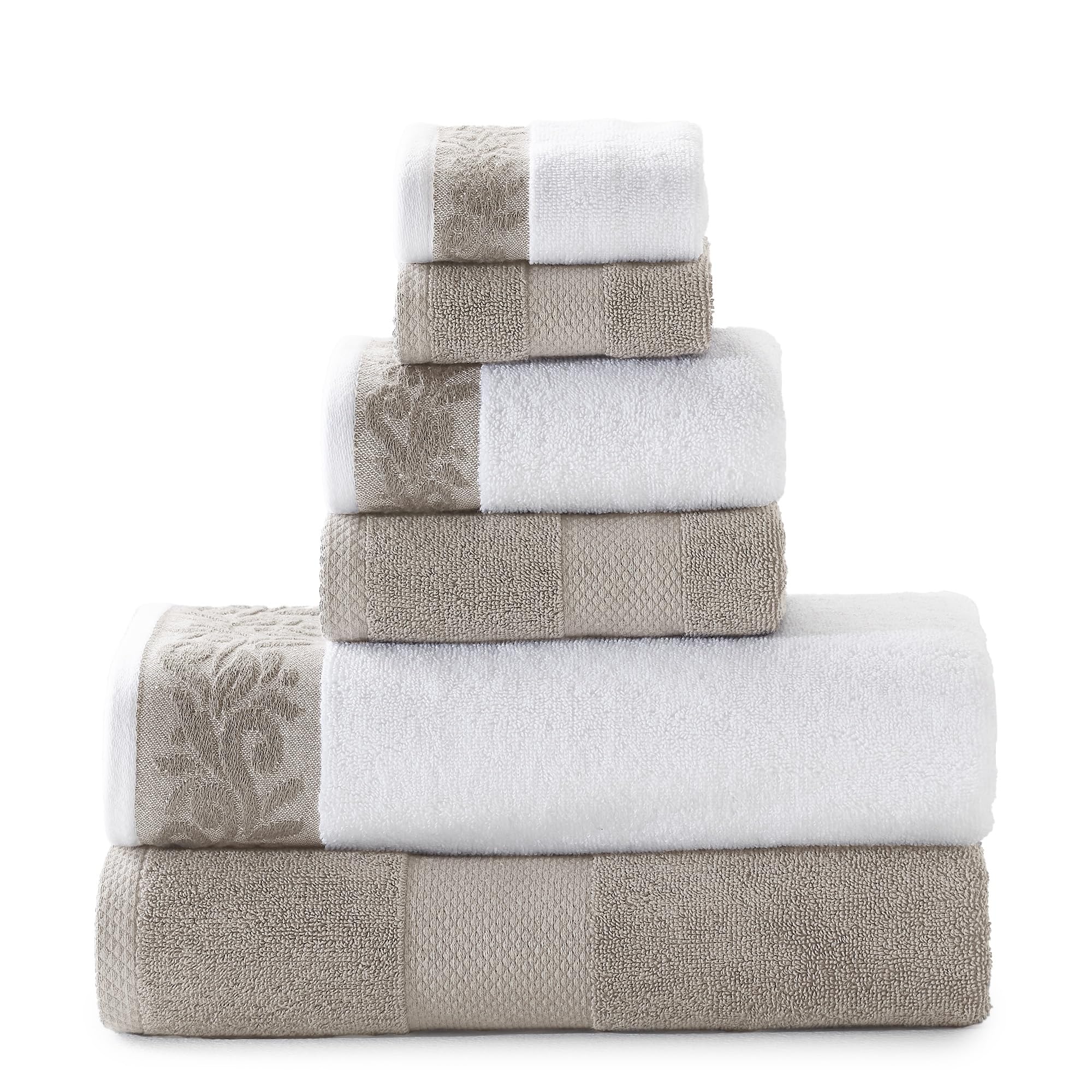 Amrapur Overseas 600 GSM 6-Piece Towel Set with Filgree Jacquard Border, Taupe