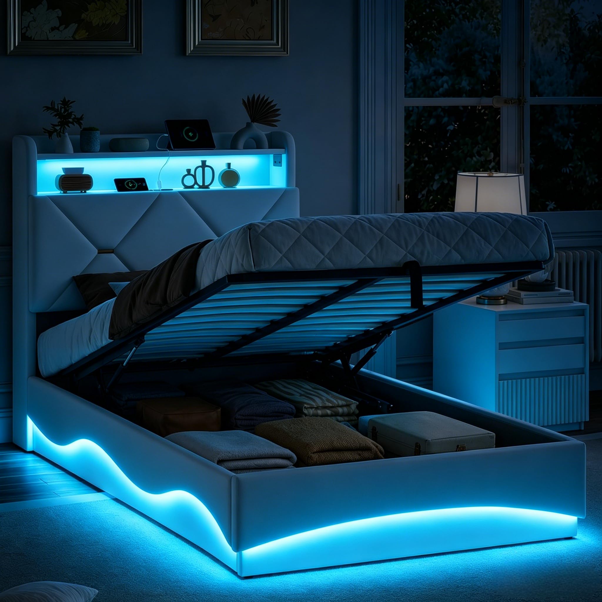 Łóżko bagażowe 90 x 200 z oświetleniem LED i USB, łóżka 1-osobowe z hydraulicznym schowkiem i wyściełanym zagłówkiem, łóżka pojedyncze 90 x 200 ze stelażem na rzepy, (bez materaca)