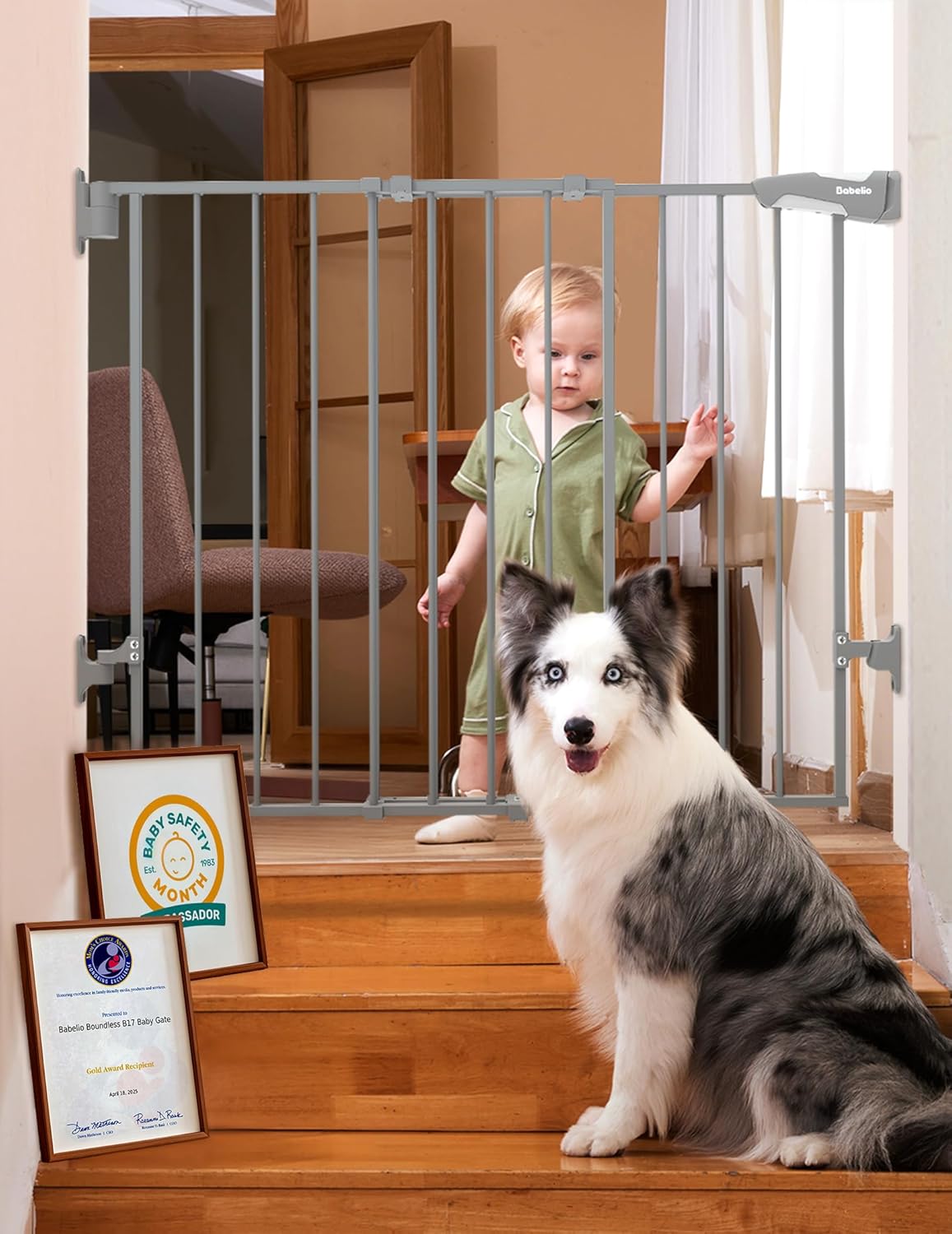 Babelio Baby Gate for Stairs, Kitchen & Doorways, 26-43" W 28" H No Bottom Bar| Easy Installation| One-Handed Operation| Auto-Close| Hardware Mount (Drill Needed) Safety Dog/Pet Gate Indoor (Grey) Grey - B17 26-43" W, 28" H