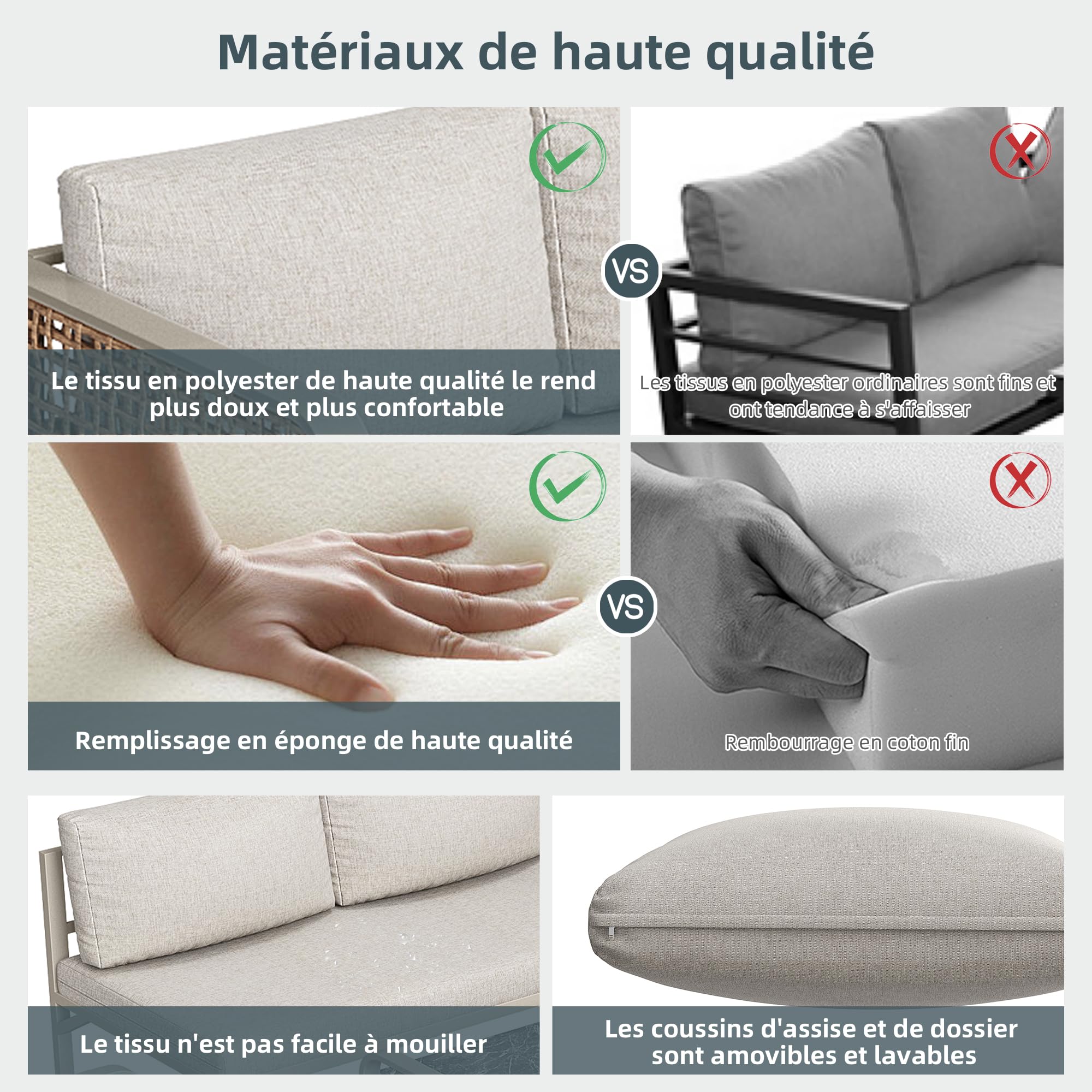 Ensemble salon de jardin extérieur pour 6-7 personnes, canapé de jardin, canapé d'angle avec structure en fer galvanisé, pieds réglables, y compris tous les coussins d'assise et de dossier, beige