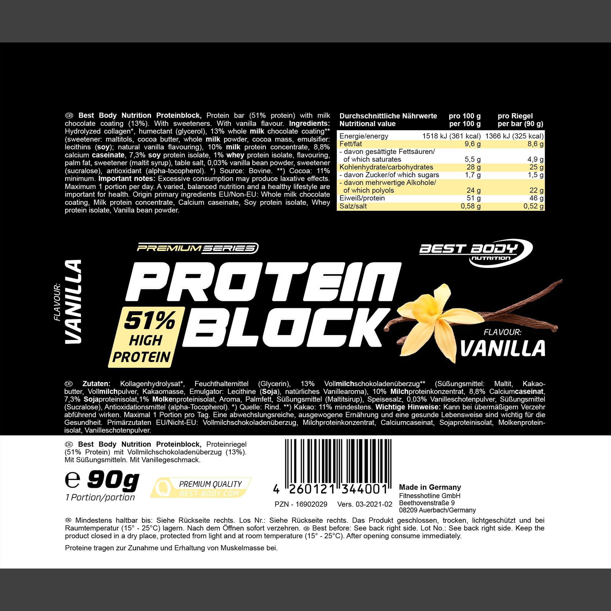 Best Body Nutrition Protein Block Riegel 15x90g Vanille Proteinriegel mit 51 % Eiweiß – Mit Vanillegeschmack & Schokoladenüberzug, Ohne Zuckerzusatz, Aspartamfrei, Eiweiß Snack unterwegs