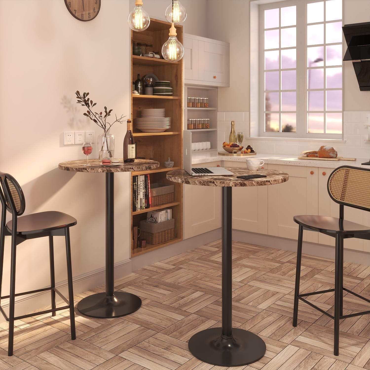 Furmax Bistro Pub Table Round Bar Height Cocktail Table for Home Bar, Round Bar Tables for Party, Dining Room, Living Room and Wedding, Metal Base MDF Top Obsidian, 40.6 Inch Height (2, Faux Marble)