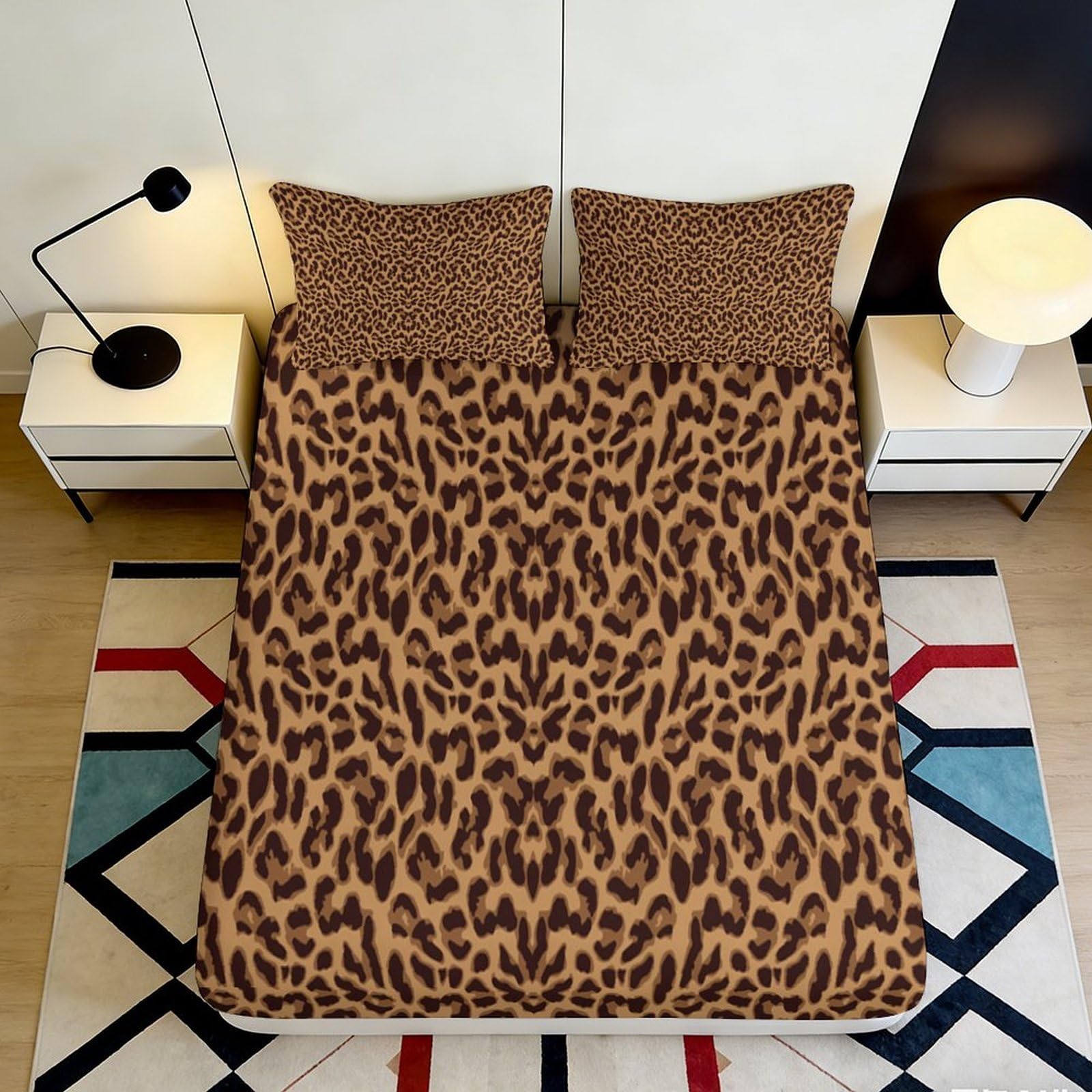 Uynsixtme Style-10 3D Printed Leopard Pattern Fitted Sheet Microfiber Deep Pocket Non-Slip Bedroom Bedding Leopard Mattress Fitted Cover 200X200x25cm