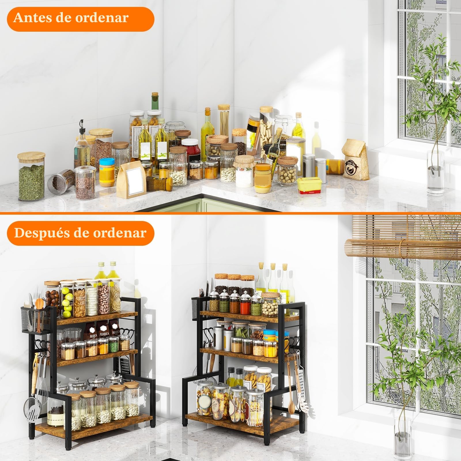 YMYNY Estante para Especias con Cesta Metálica, Estante de Encimera para Armario, Organizador con 6 Ganchos, Soportes para Botes de Especias, Para Cocina, Baño, 43 x 24 x 53CM Marrón Rústico HSR006H