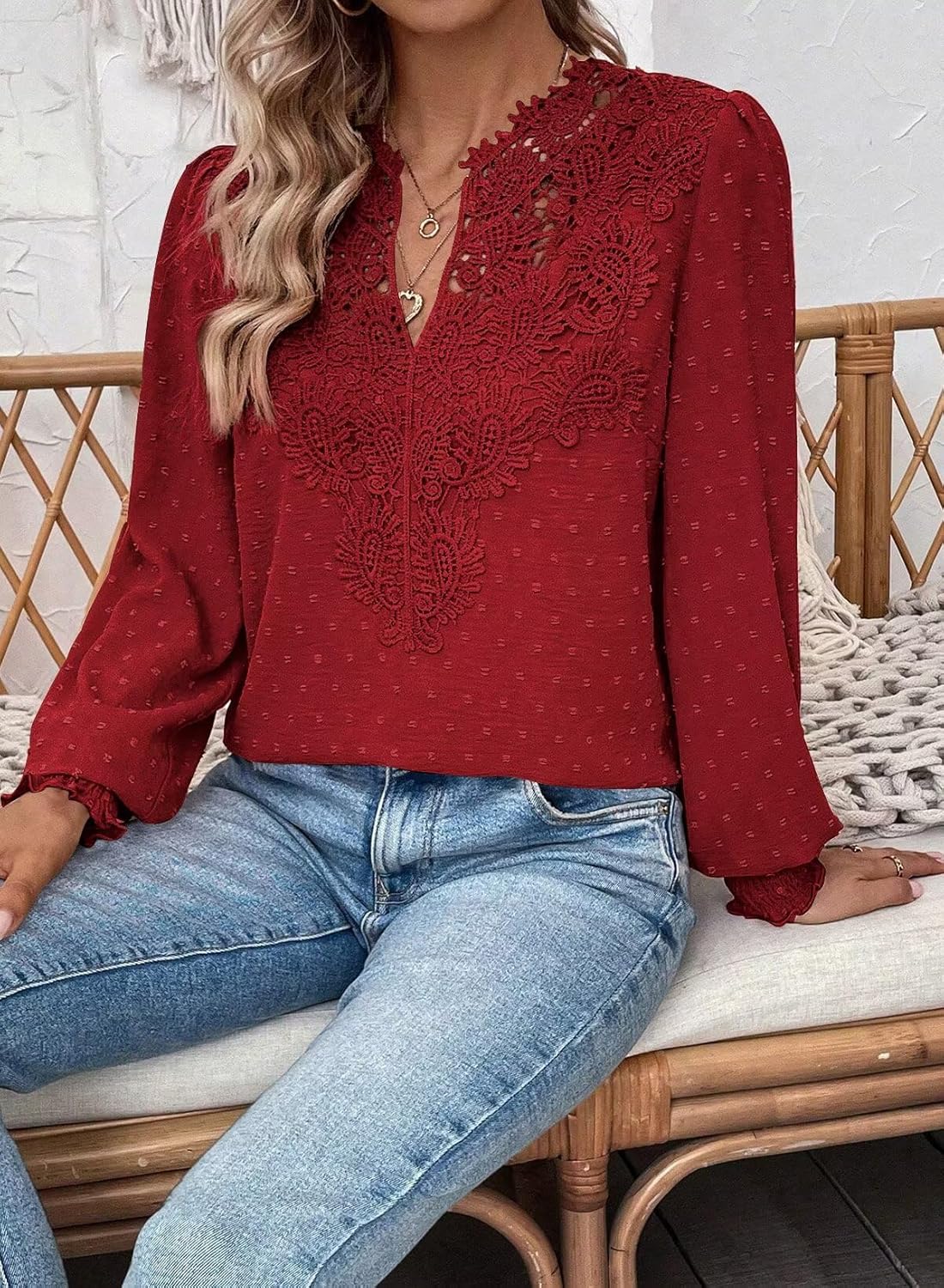 Womens Tops Swiss Dot Boho Long Sleeve Shirts V Neck Casual Chiffon Blouses Flowy Lace Hem Cute Clothing Trendy 2026 - Image 4