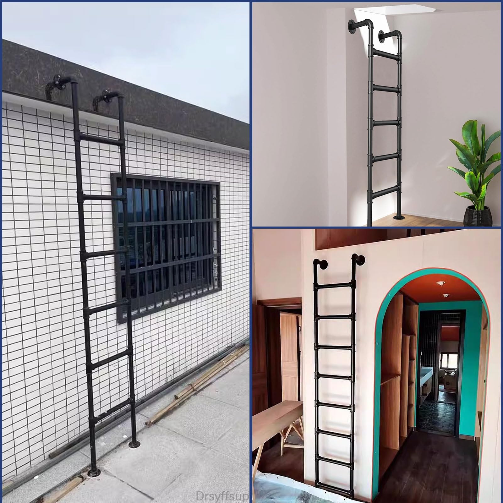 Schwarze Trittleiter aus Metall – Wandmontage, 1m 120cm 1,5m 2m 2.4cm 300cm Hochbettleiter, Kellerfensterschacht-Ausstiegsleiter, Etagenbettleiter für Wohnmobile, Tragkraft 150 kg(110cm/43in)