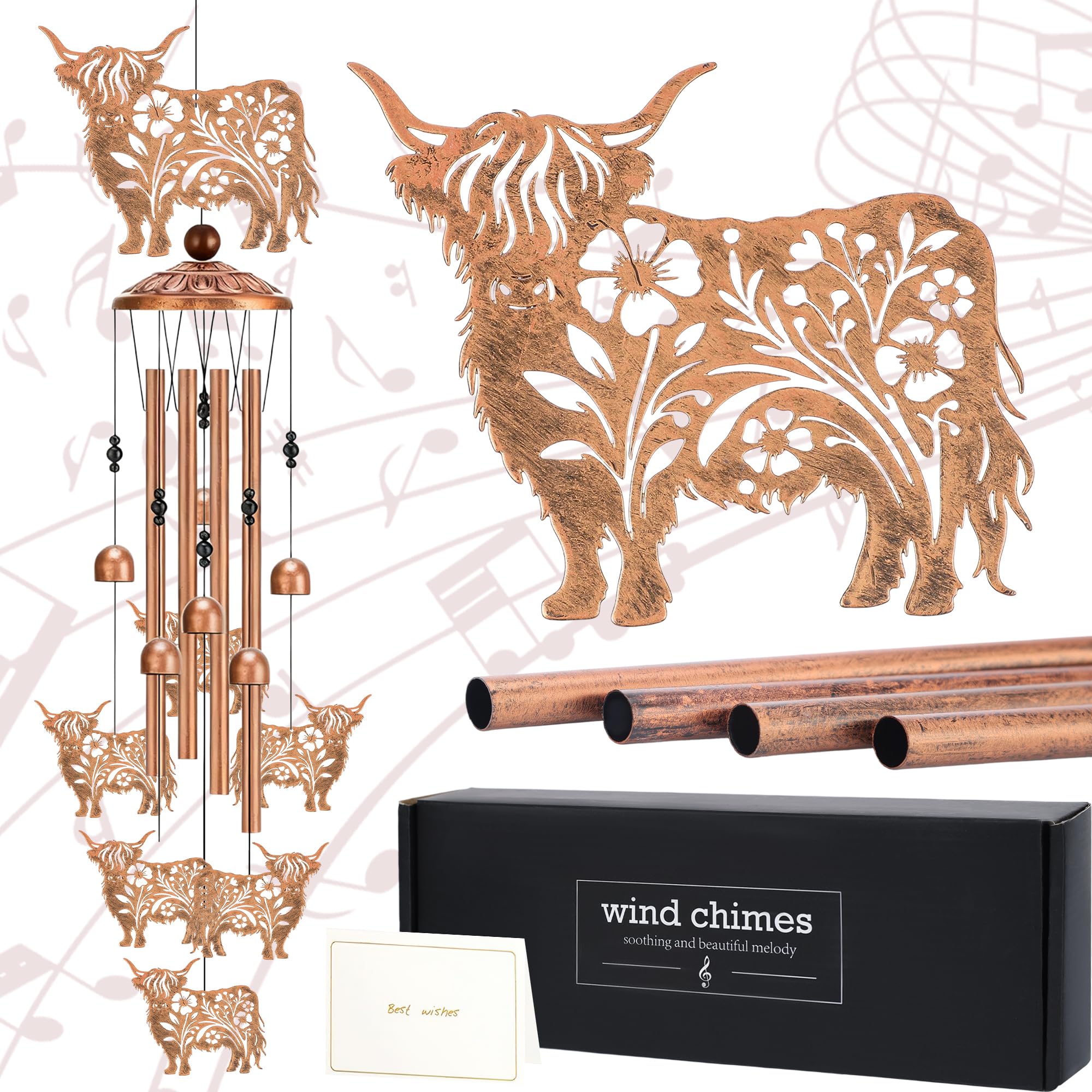 LIRAVENO Cow Wind Chimes for Outside - Highland Cows Windchime with Greeting Card Indoor Outdoor Decor Garden Patio Balcony Art Hanging Thanksgiving Christmas Birthday Gift for Women Animal Lover
