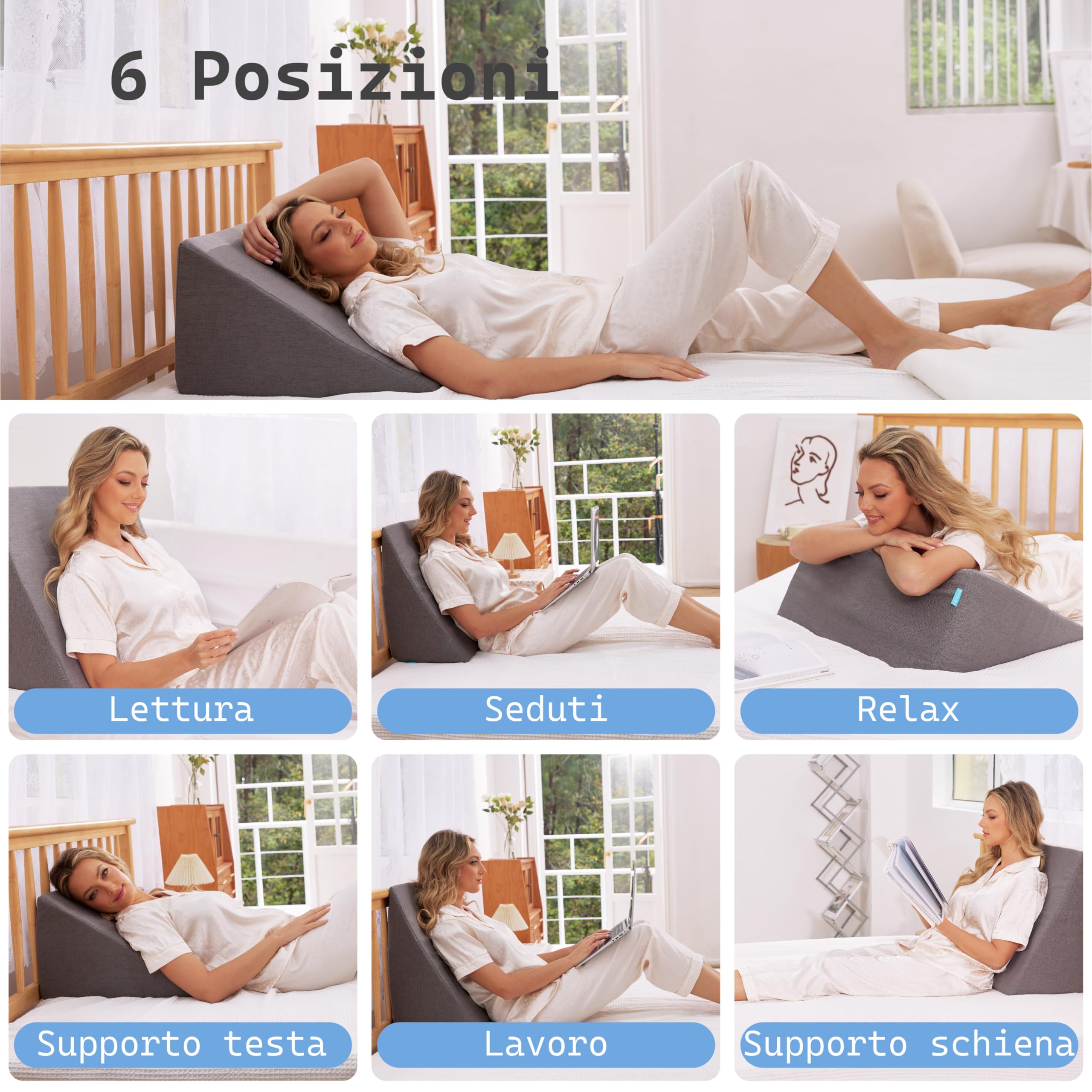 bonmedico Cuscino a Cuneo per Letto e Divano – Triangolare Ergonomico in Memory Foam – Supporto Schiena, Gambe e Postura, Relax, Lettura e Riposo – Adulti, Anti Scivolo, Fodera Lavabile