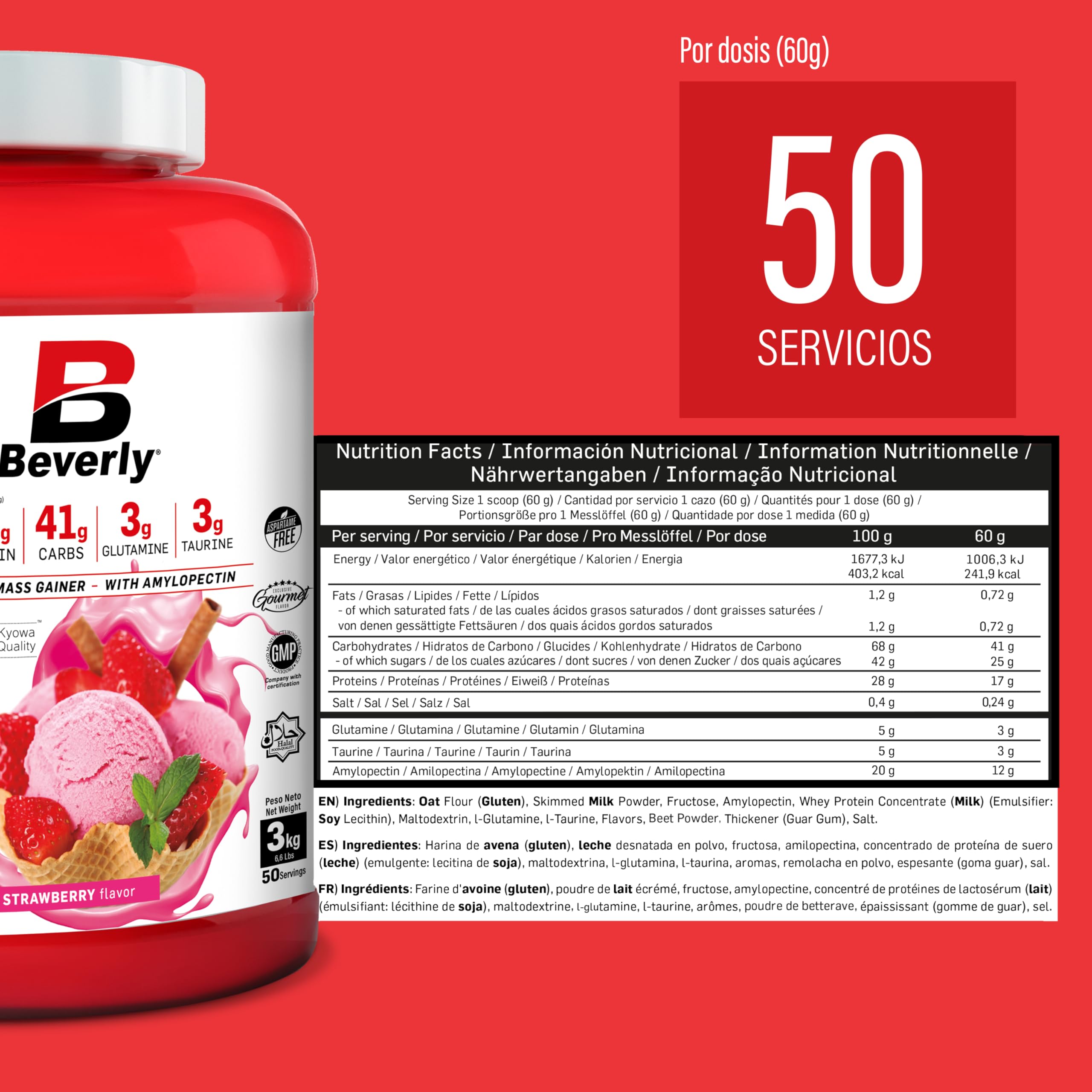 Beverly Total Mass - Proteína con hidratos de carbono, glutamina y taurina - 3 Kg - 50 Servicios - Ganancia muscular y de peso libre de grasa. Delicioso sabor (3 KG, FRESA)