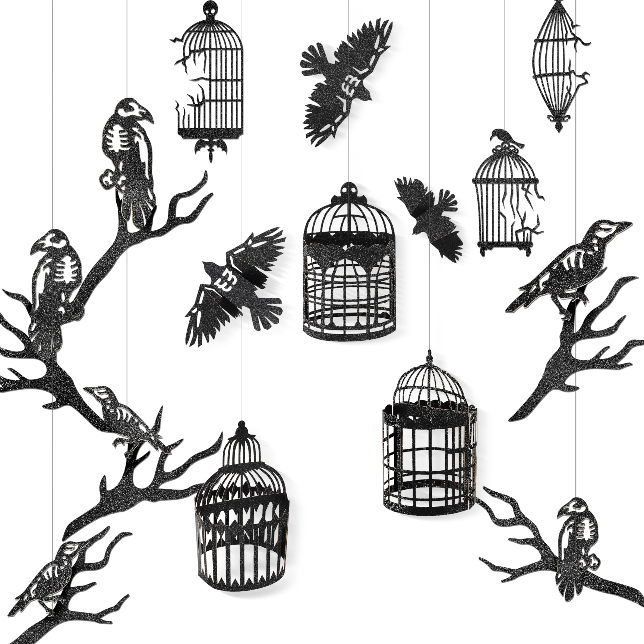 Cheerland Halloween Crow Garland Party Decoration 3D Cage Gothic Birthday Decorations Black Crows Halloween Decor Raven Decorations Witch Theme Horror Birthday Decor Spooky Party Supplies 10pcs