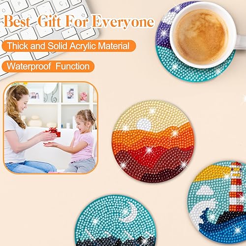 Miniatura 6 de Wivico Juego de 8 posavasos de pintura de diamantes de paisaje, 8 piezas con soporte, posavasos antideslizantes para adultos principiantes,